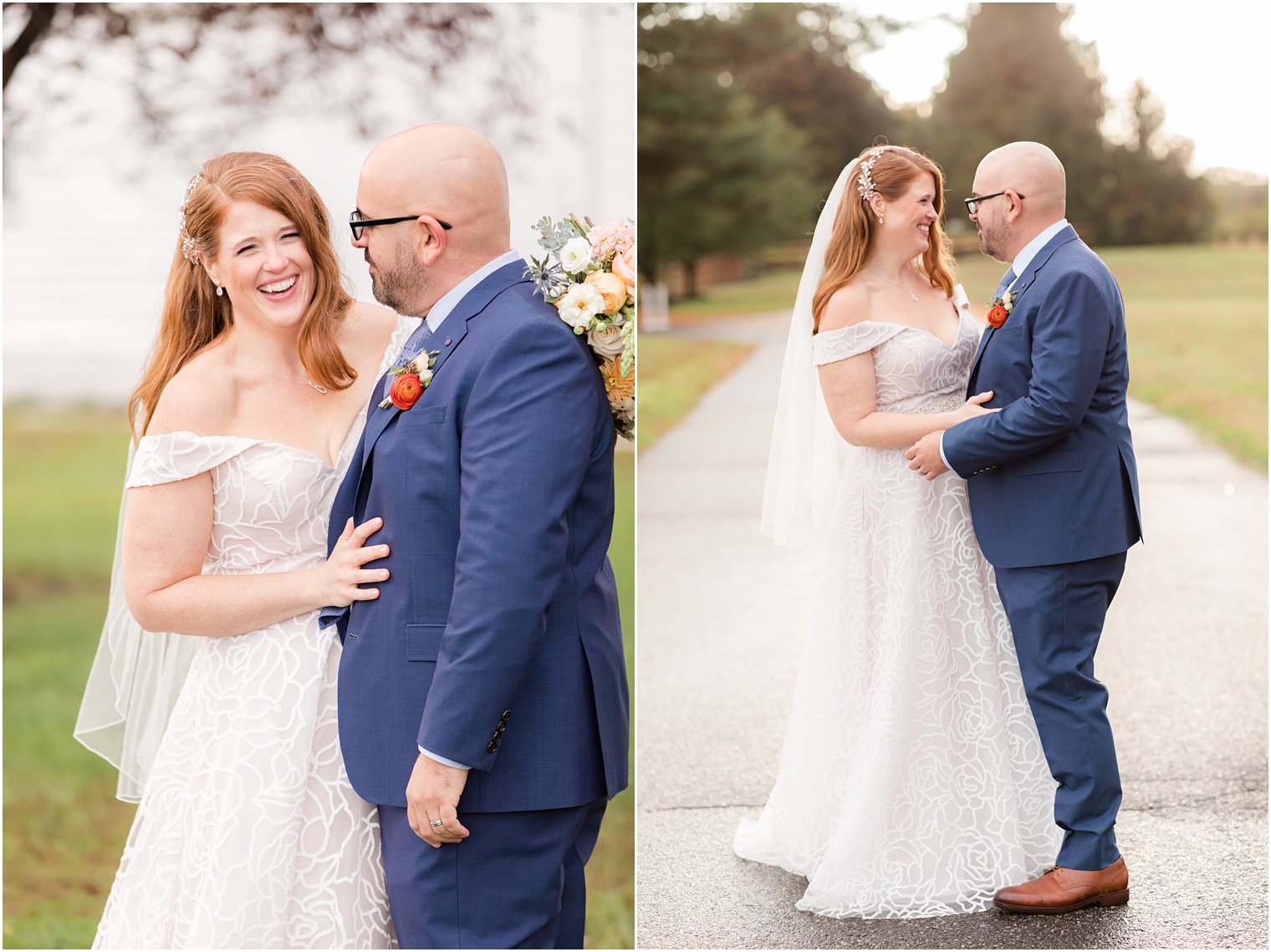 bride and groom laugh during sunset wedding portraits at Eagle Manor