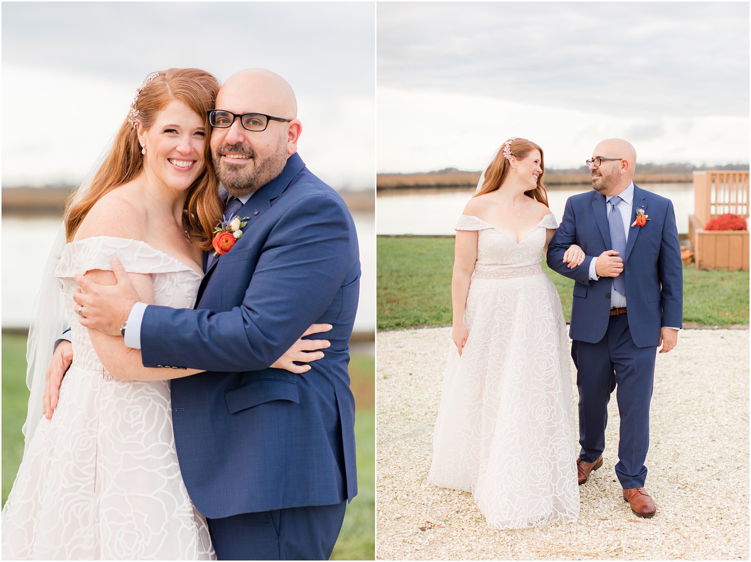 sunset wedding portraits by waterfront at Eagle Manor