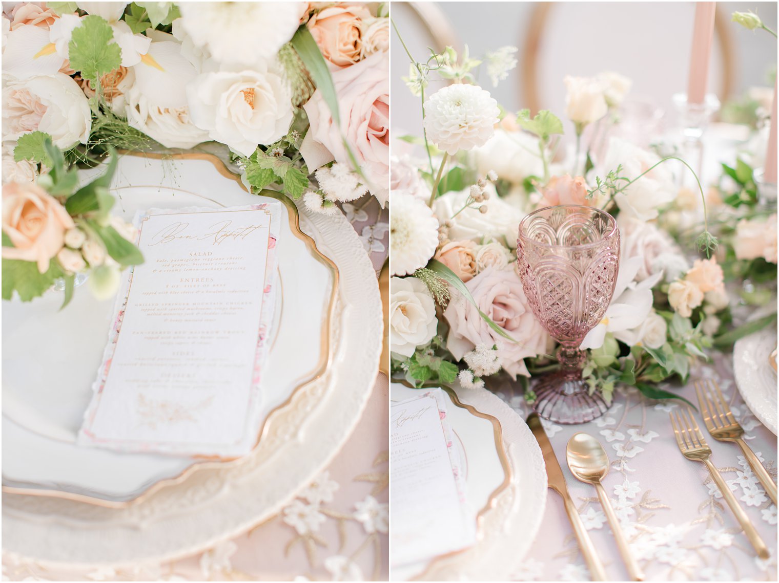 Romantic peach and cream wedding tablescape by Rosaspina Florist | Wedding at Park Chateau Estate