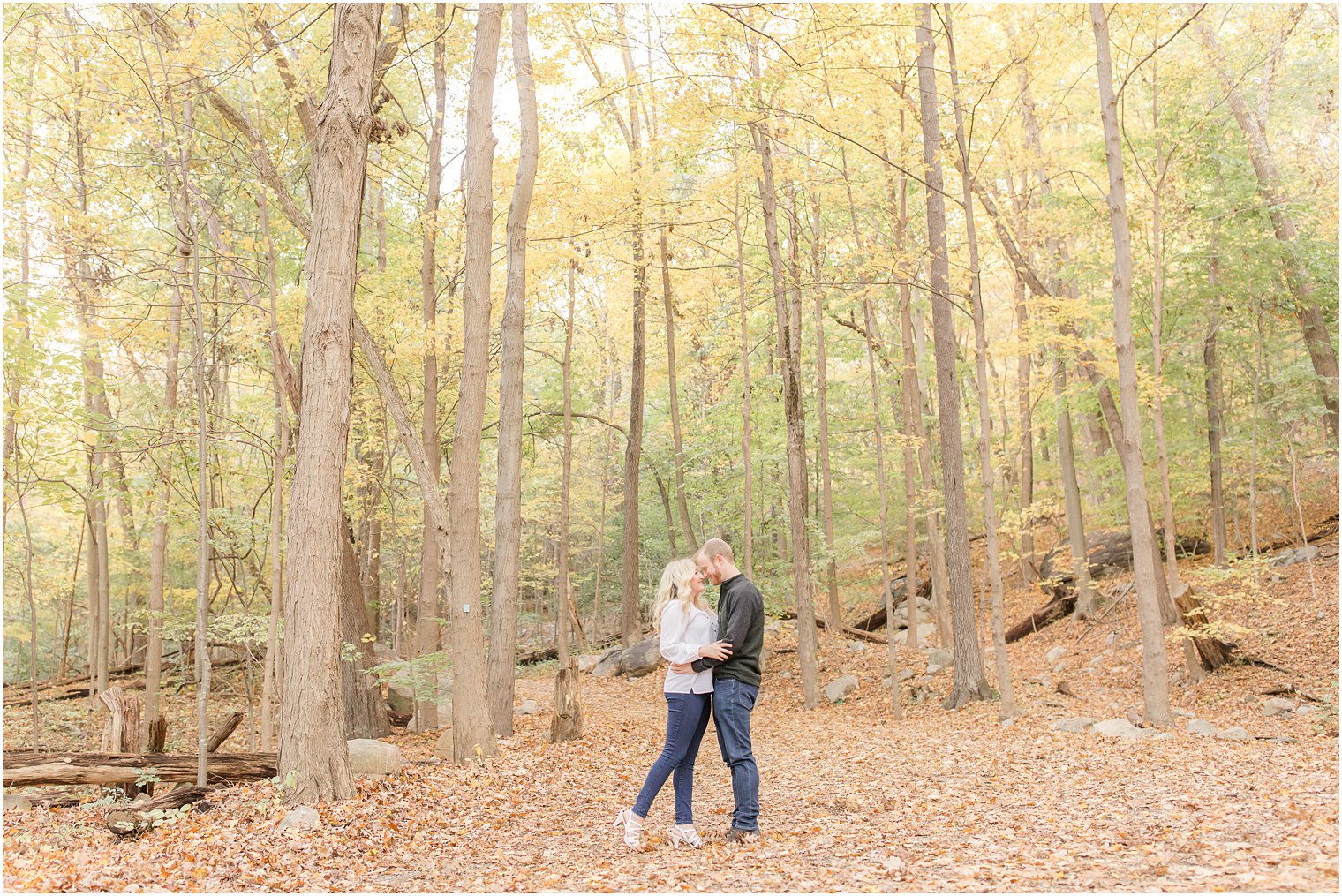 New Jersey couple poses in woods during NJ Fall Engagement Session