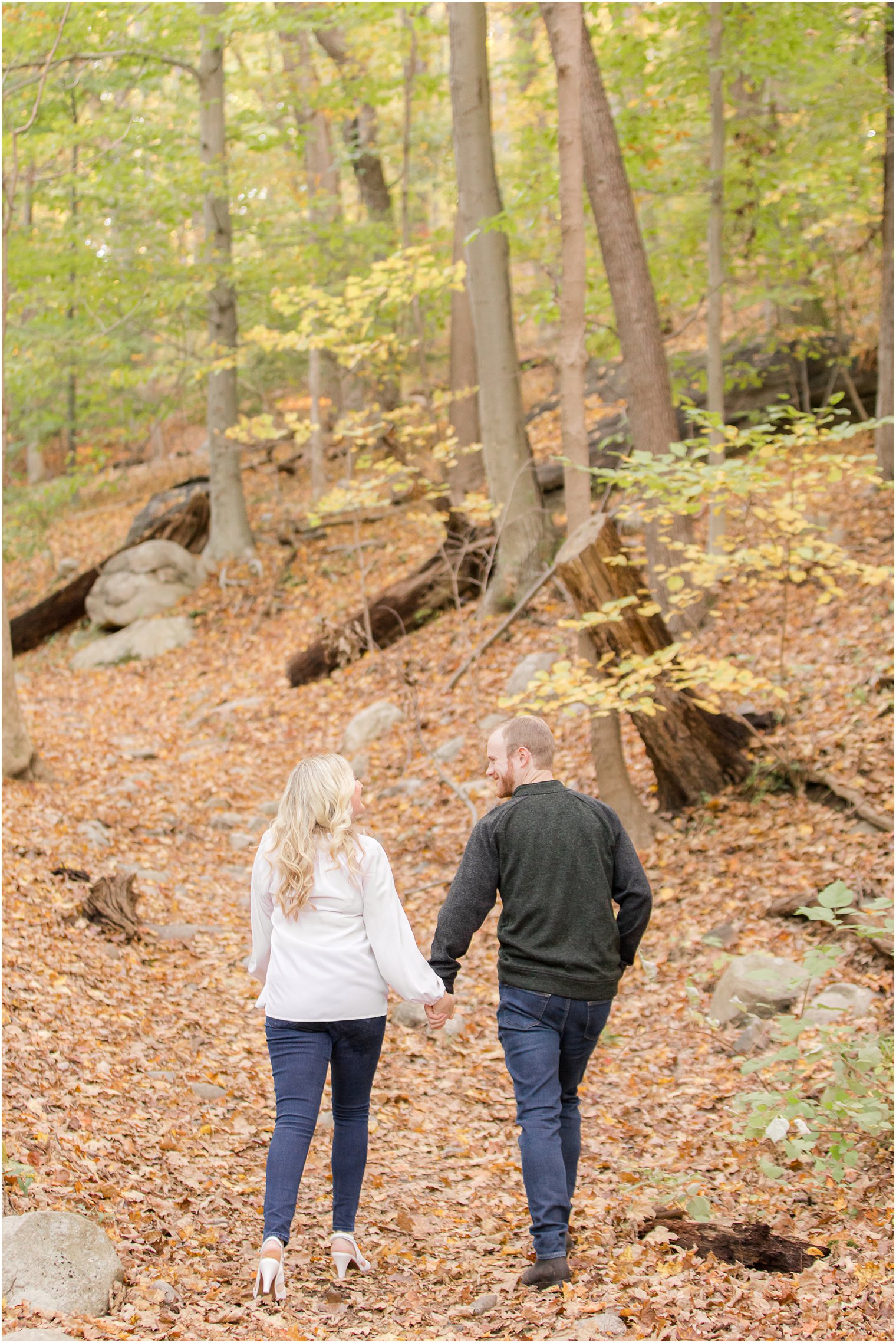 cozy fall engagement portraits in the woods during NJ Fall Engagement Session