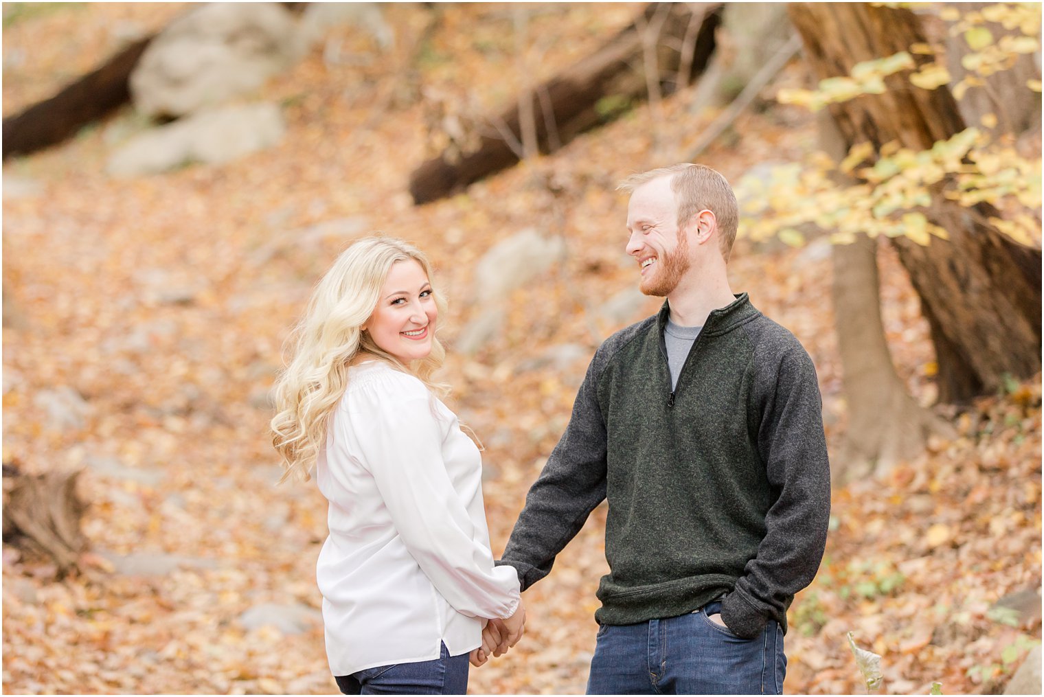engaged couple laughs during NJ Fall Engagement Session
