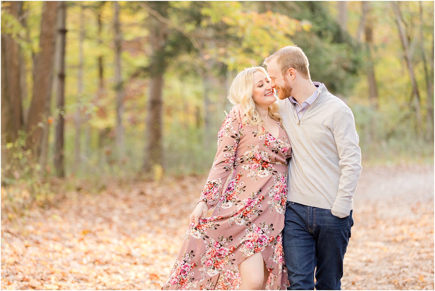 NJ Fall Engagement Session with bride in pink dress
