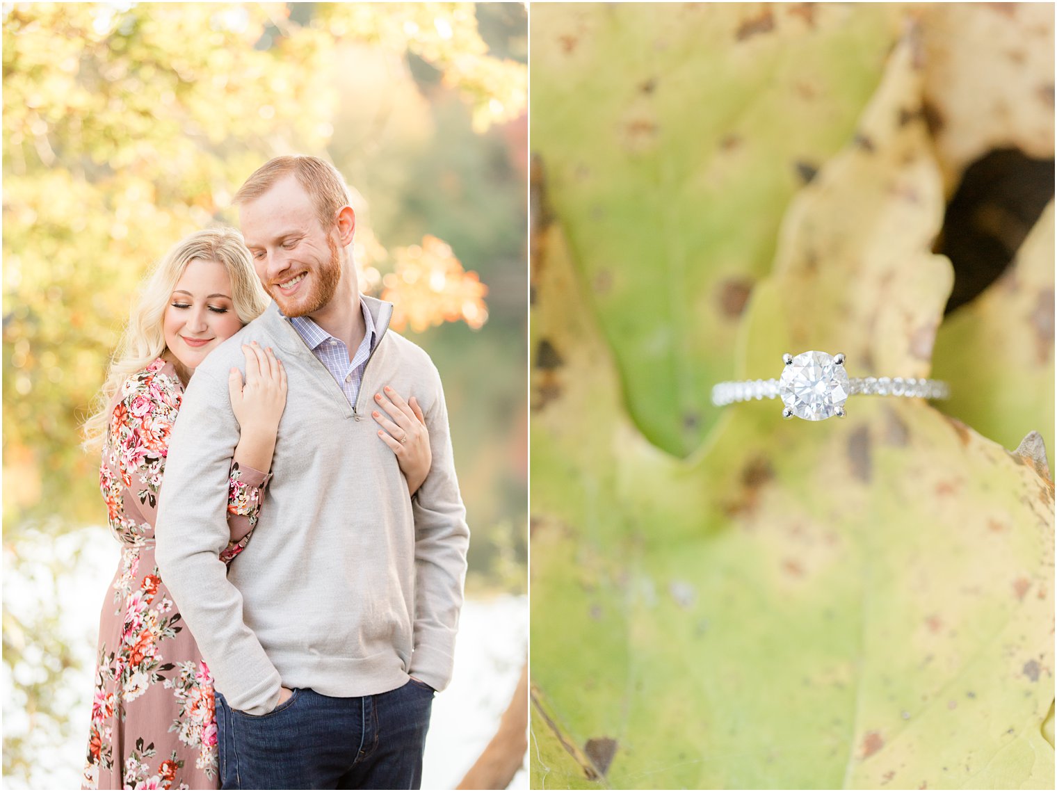 engagement ring rests on leaf during engagement photos