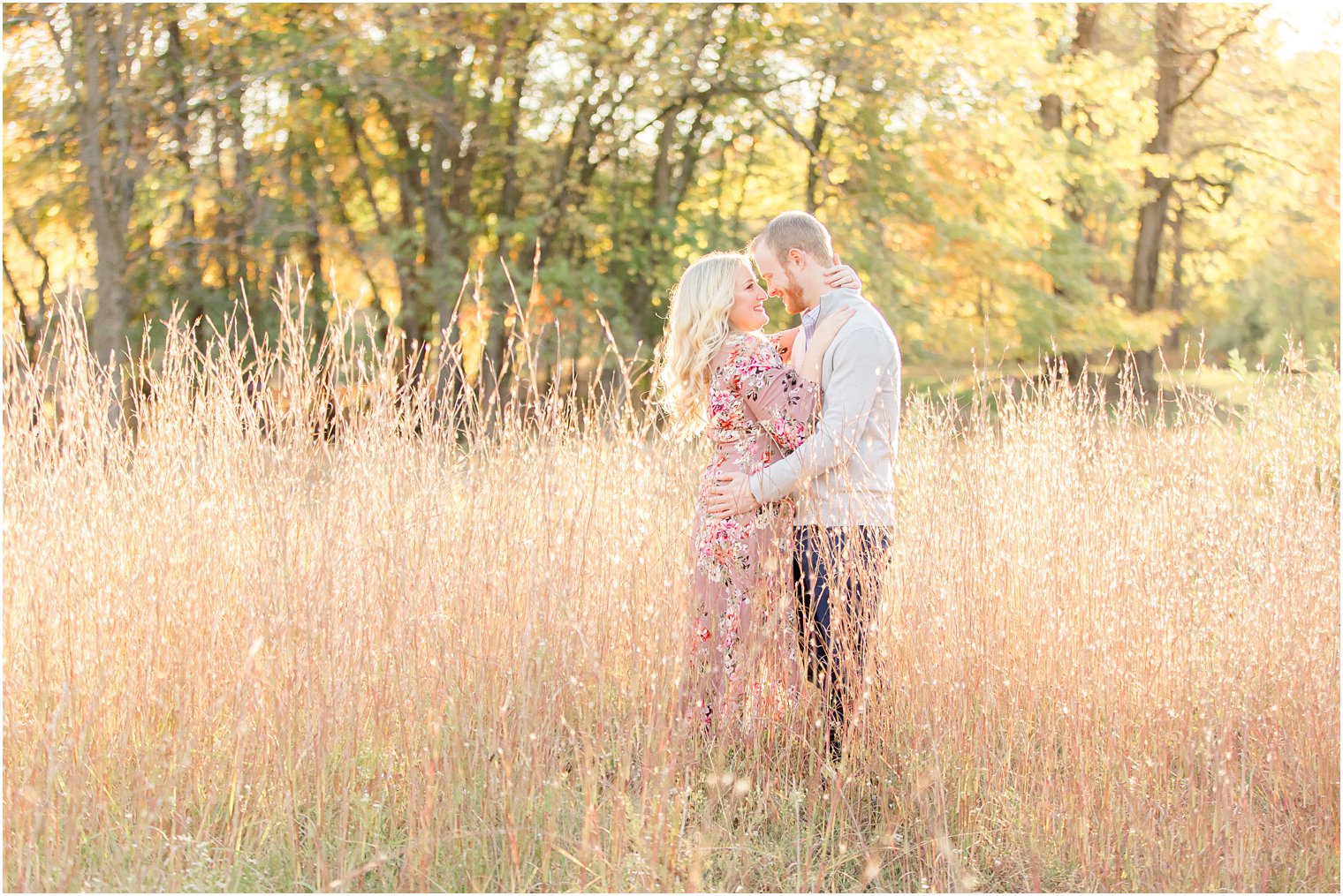 engaged couple hugs in field at NJ reservation