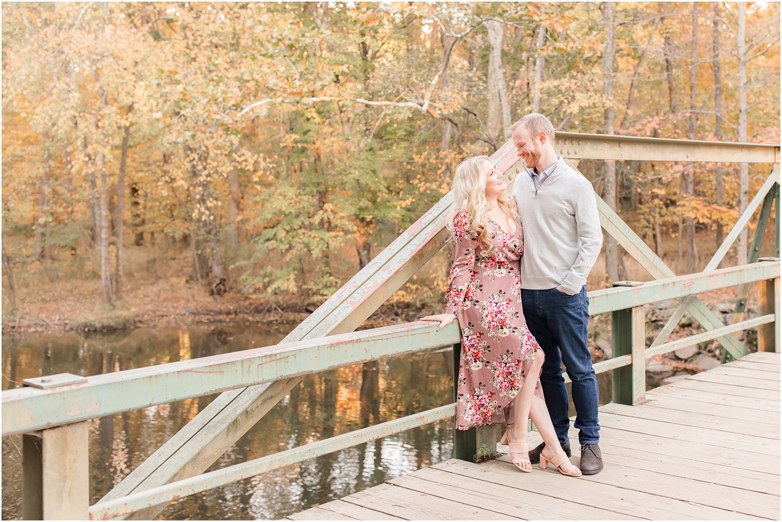 NJ Fall Engagement Session on bridge in Ramapo Reservation