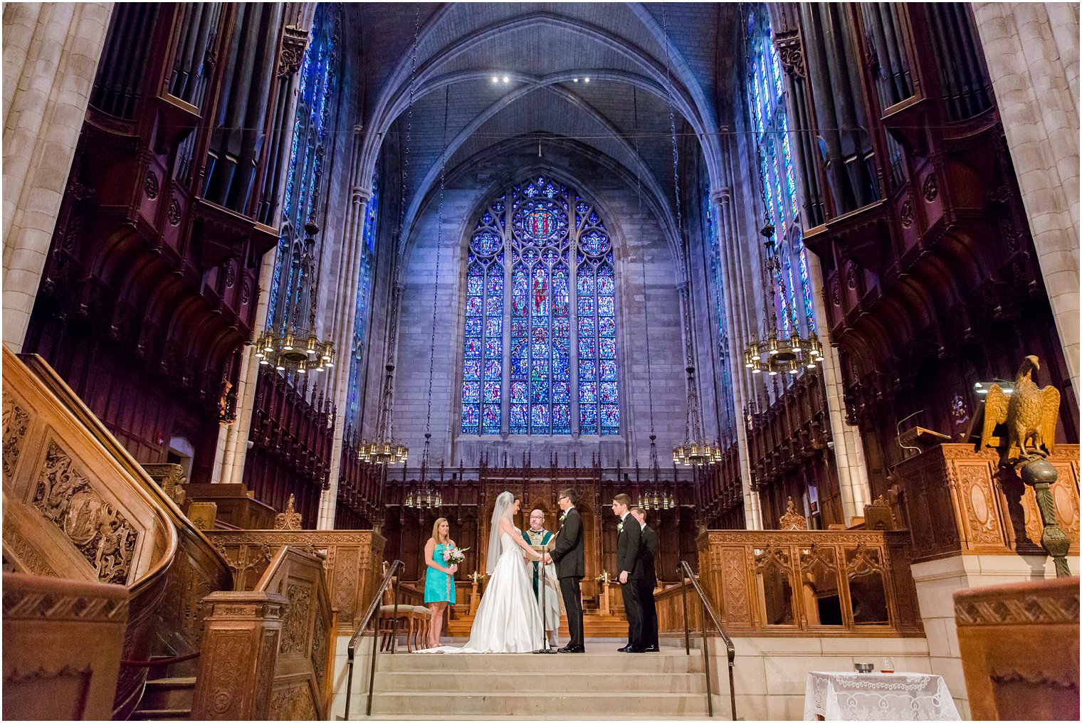 Exchange of vows during wedding ceremony at The Princeton University Chapel