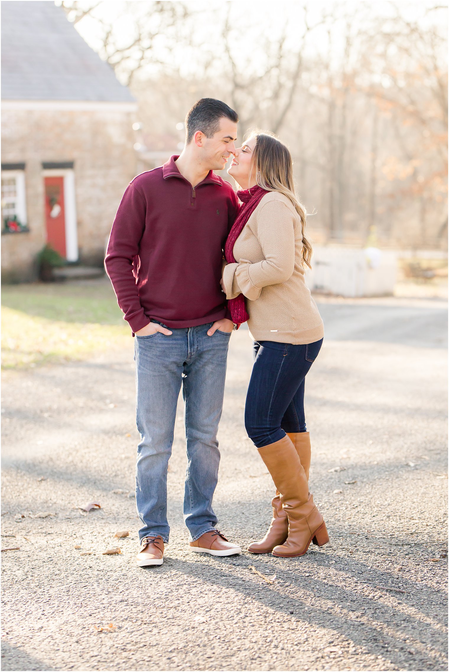 Engaged couple during the winter at Allaire State Park in Wall NJ