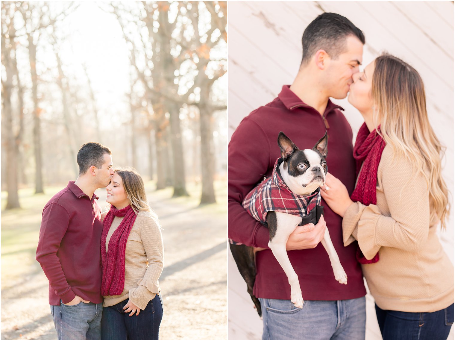 Engaged couple with dog during the winter at Allaire State Park in Wall NJ