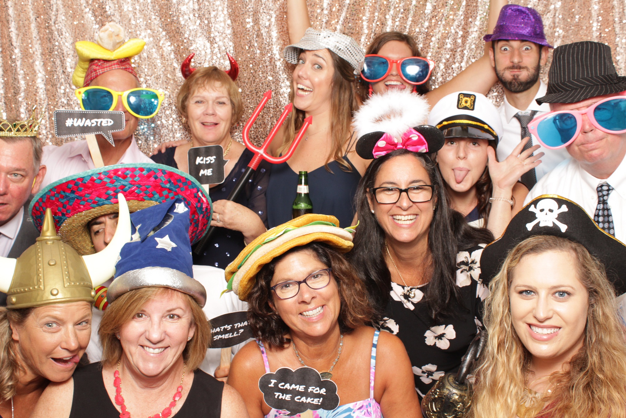 big group poses in Brant Beach Yacht Club photo booth