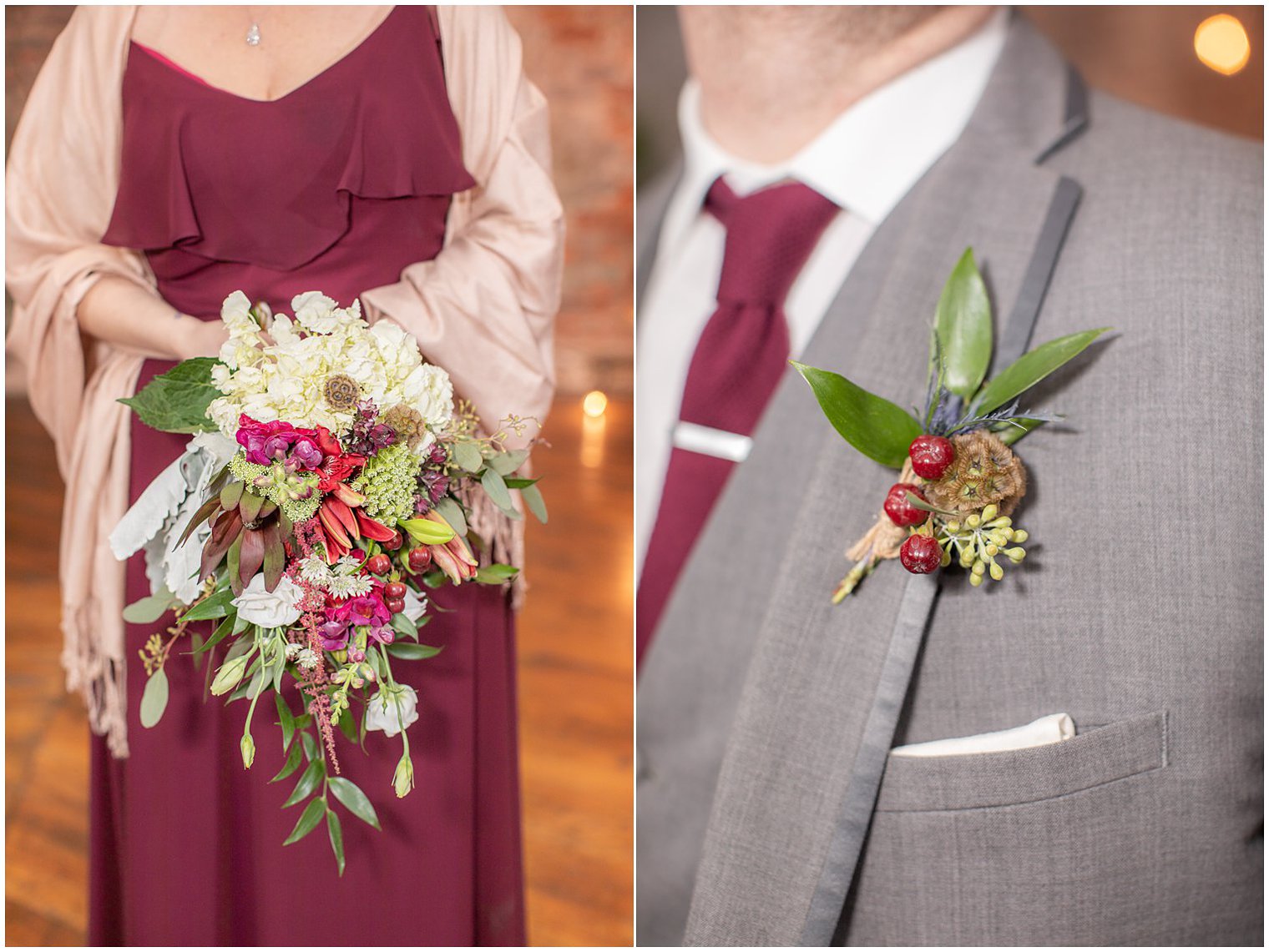 bride's winter wedding bouquet with red berries and groom's boutonniere for winter wedding by Coco & Bailey 