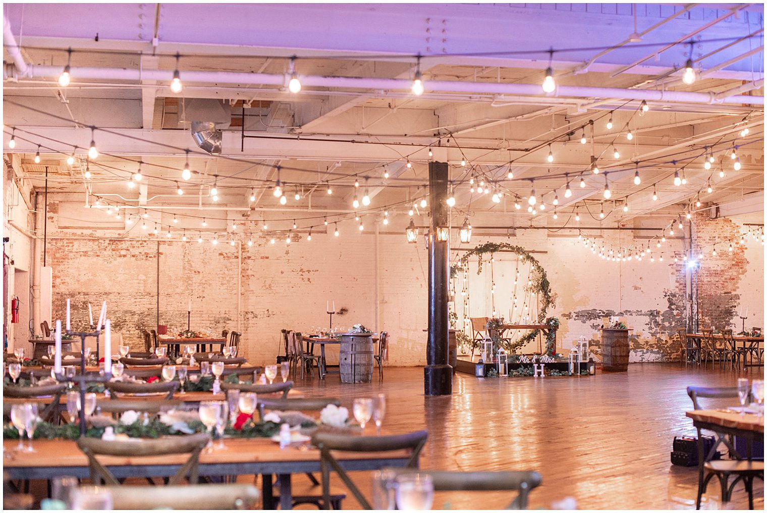 industrial Art Factory Studios wedding reception with twinkling lights 
