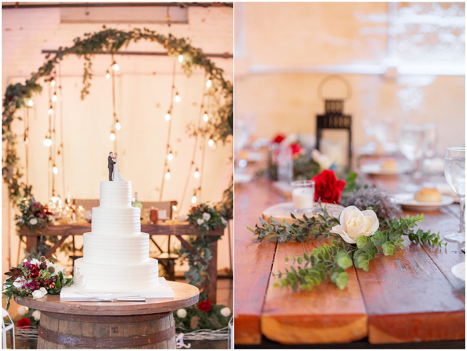 wedding cake and winter wedding reception table with florals 