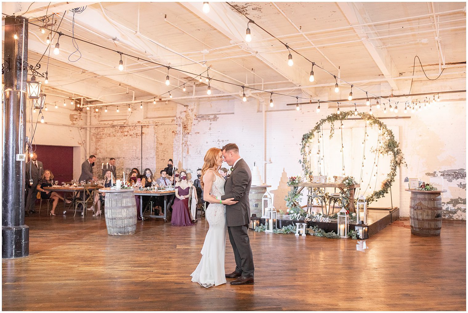 first dance for bride and groom during industrial wedding reception in New Jersey