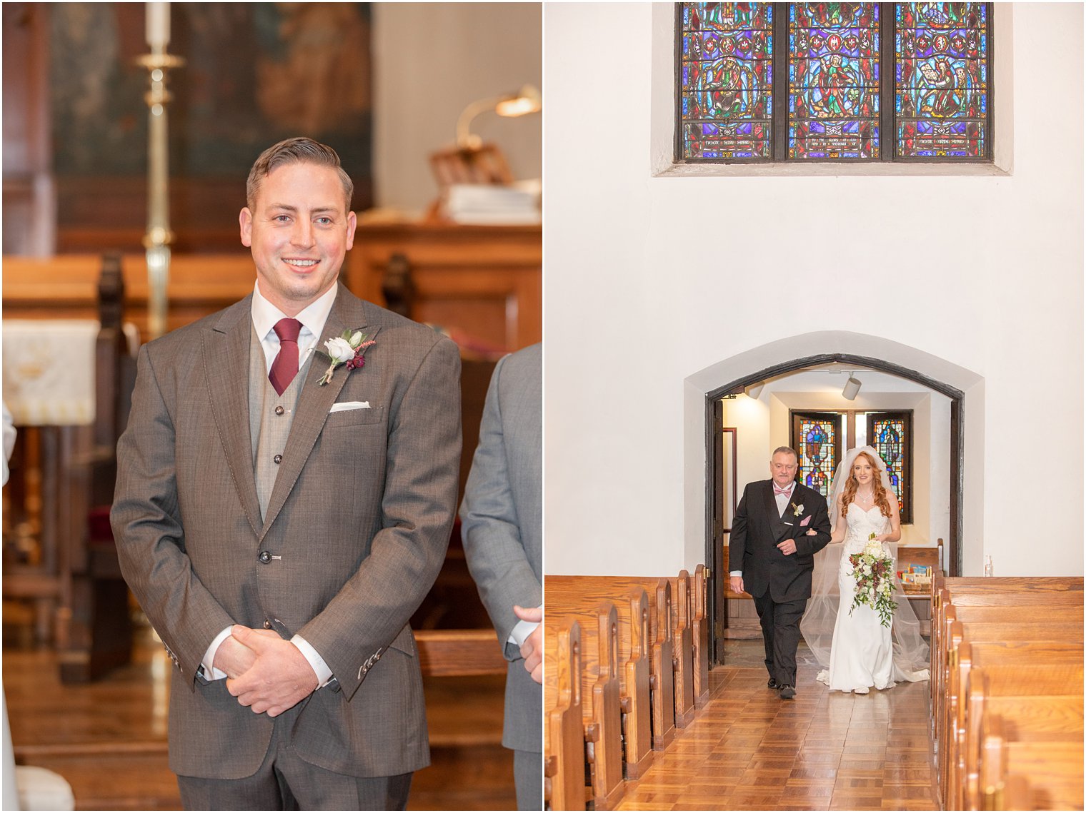 groom watches bride walk down aisle at Grace Episcopal Church in Nutley