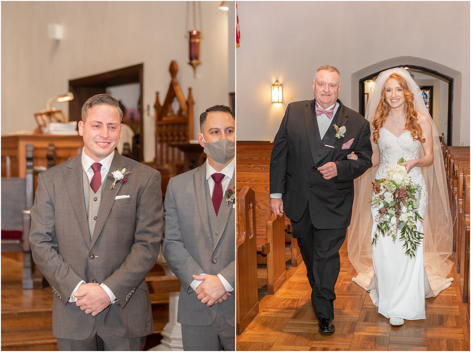 groom cries while bride walks down aisle at Grace Episcopal Church in Nutley