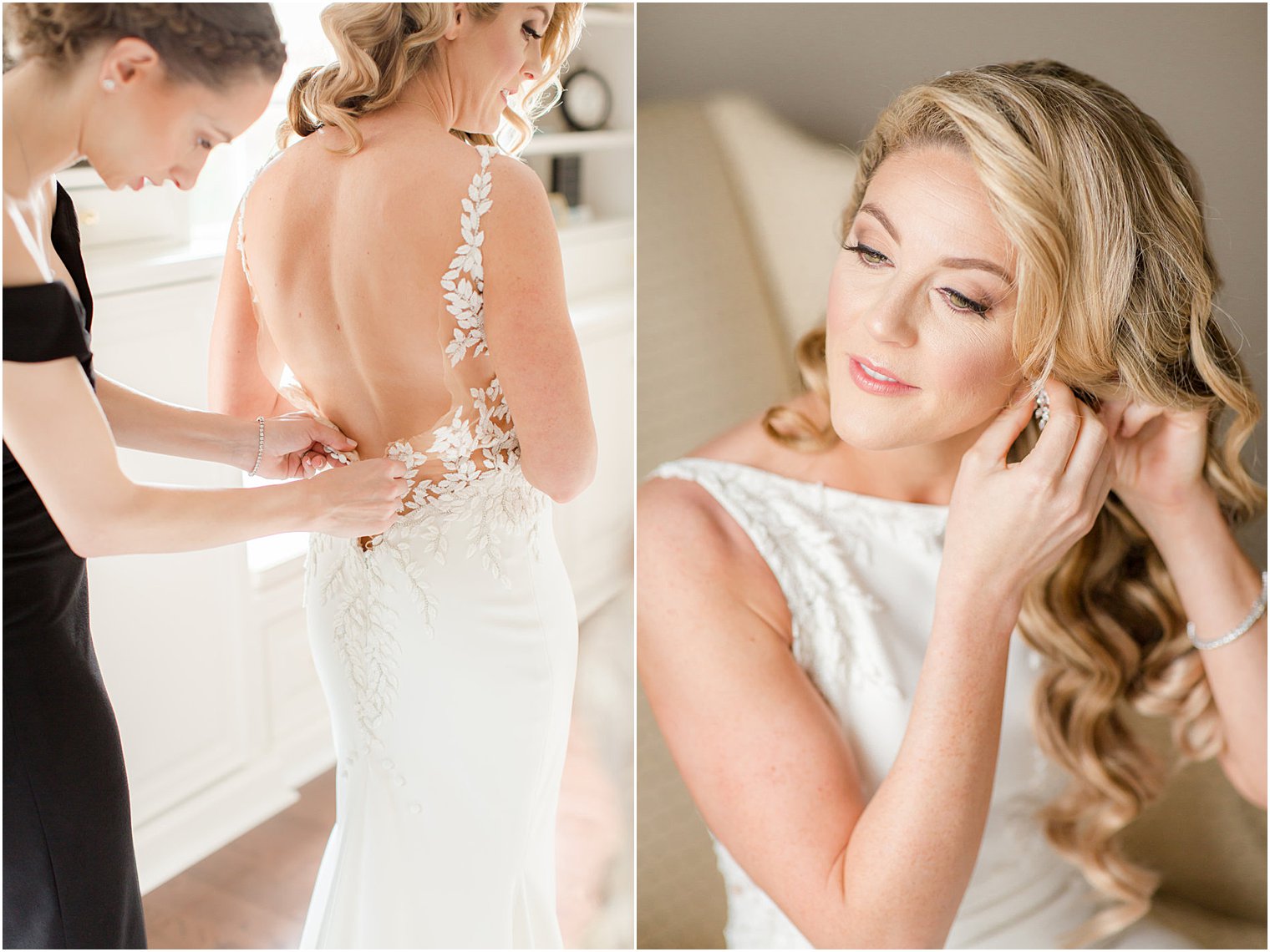 bride getting ready with maid of honor and putting on earrings