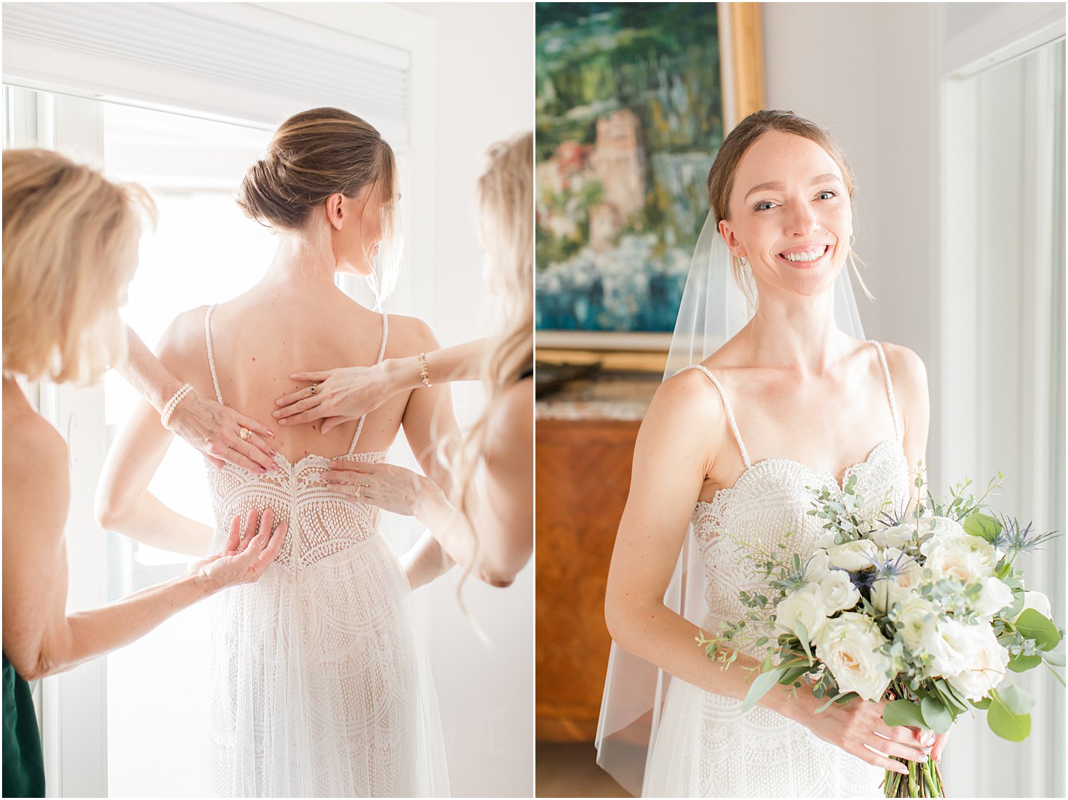 bride getting ready in beach house