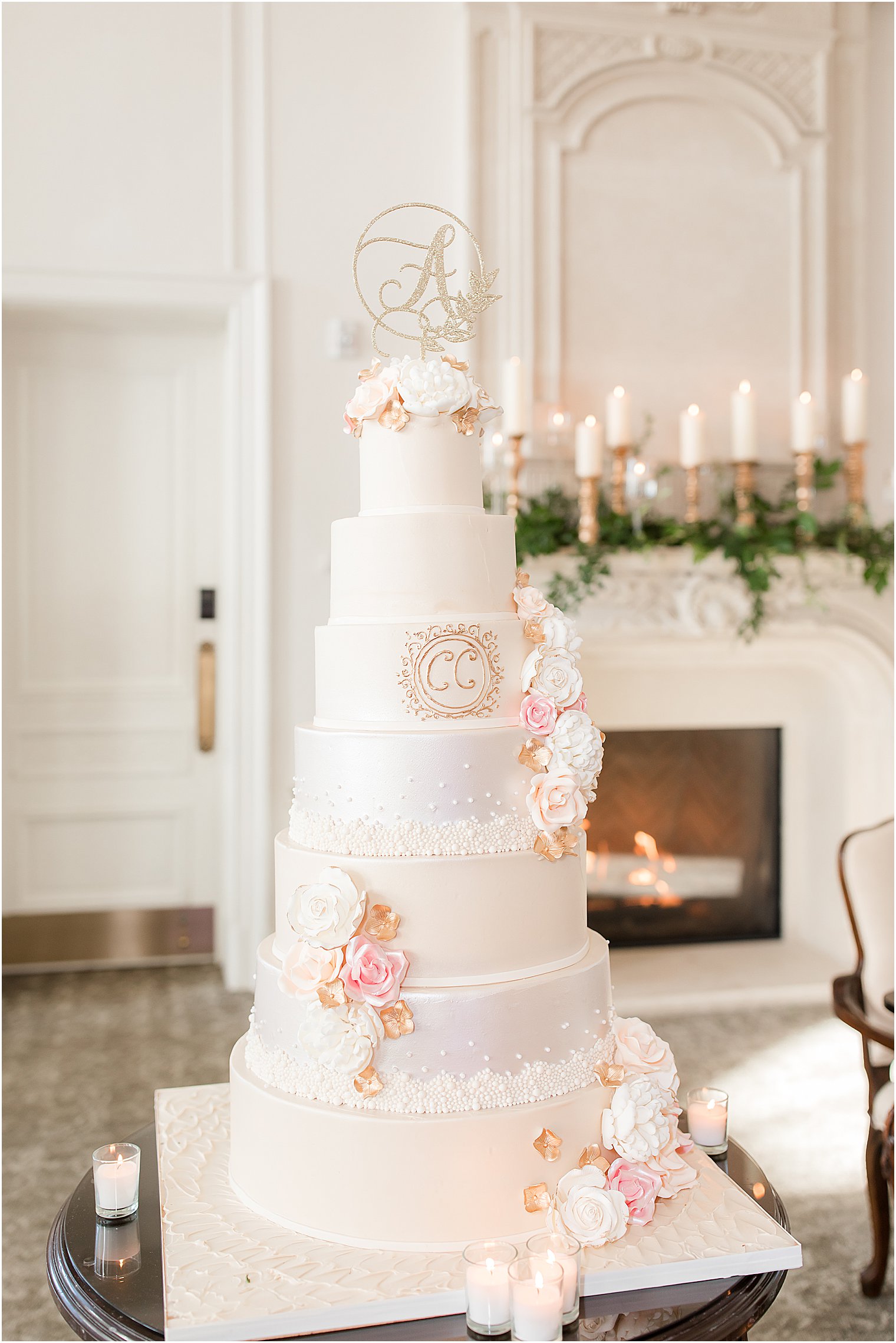tiered wedding cake with pink and ivory details designed by NJ bakery Palermo's Bakery