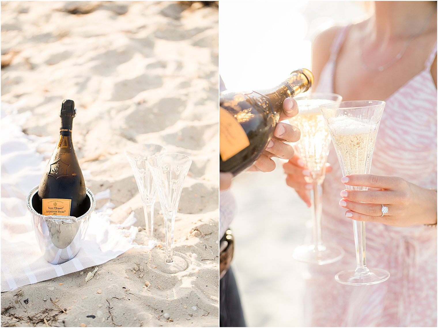 couple toasts with champagne on beach