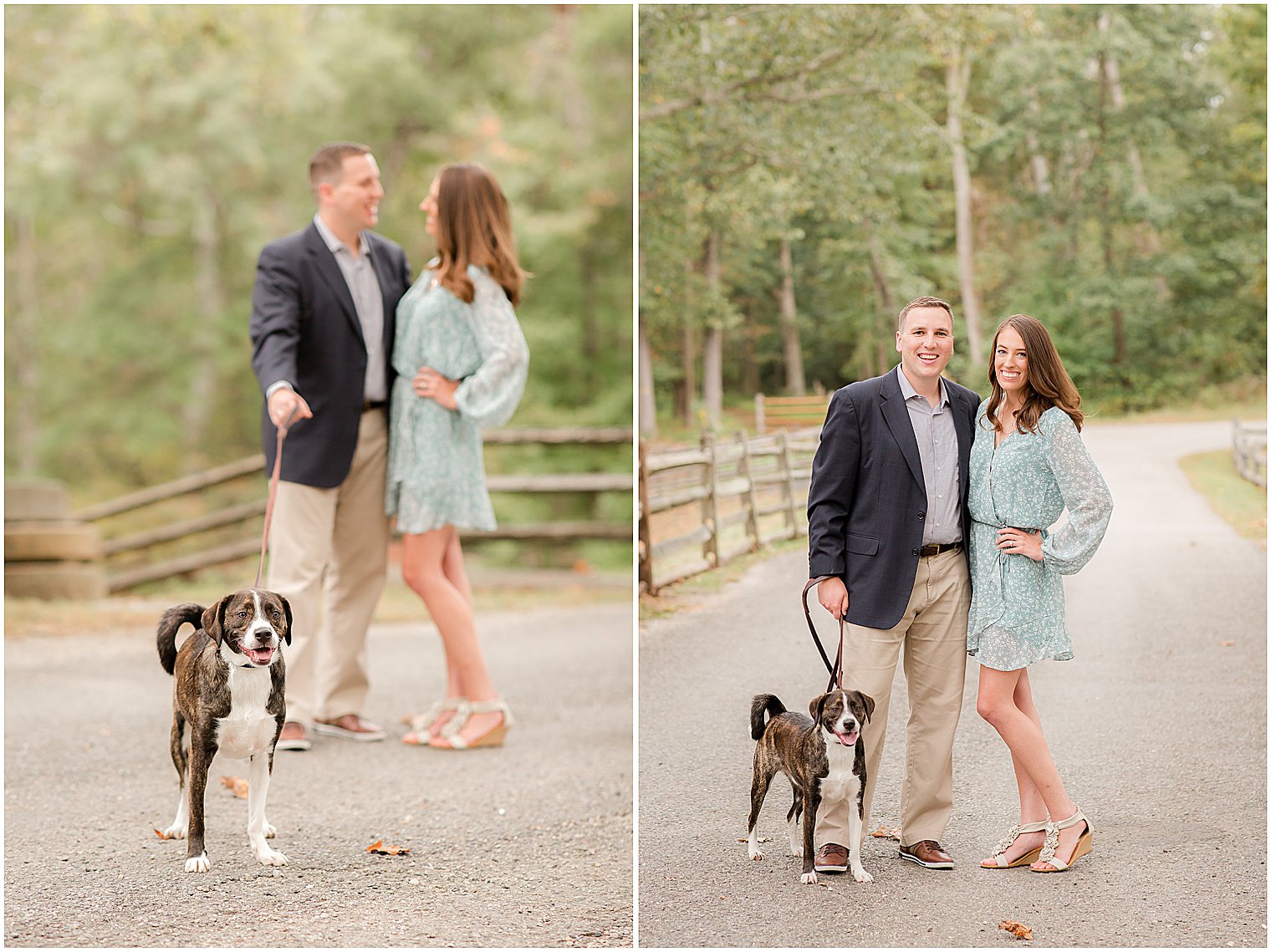 bride and groom pose with dog during engagement photos