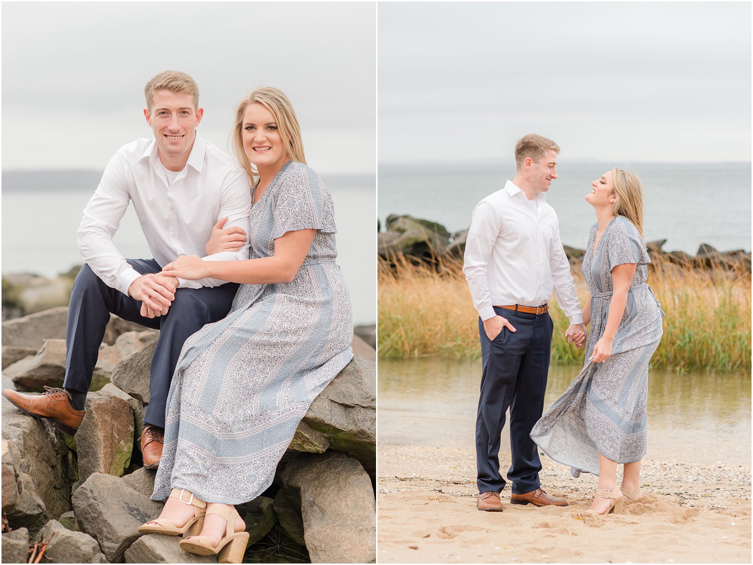 engaged couple laughs during New Jersey engagement session on the beach