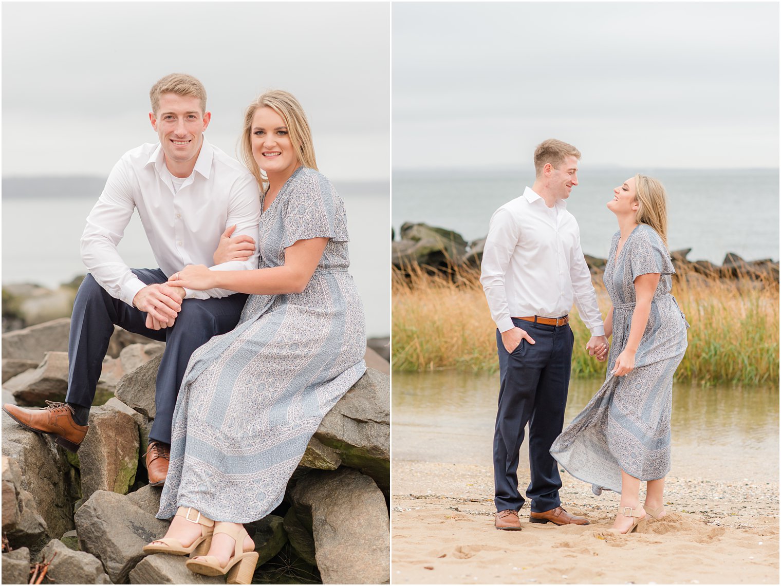 engaged couple laughs during New Jersey engagement session on the beach