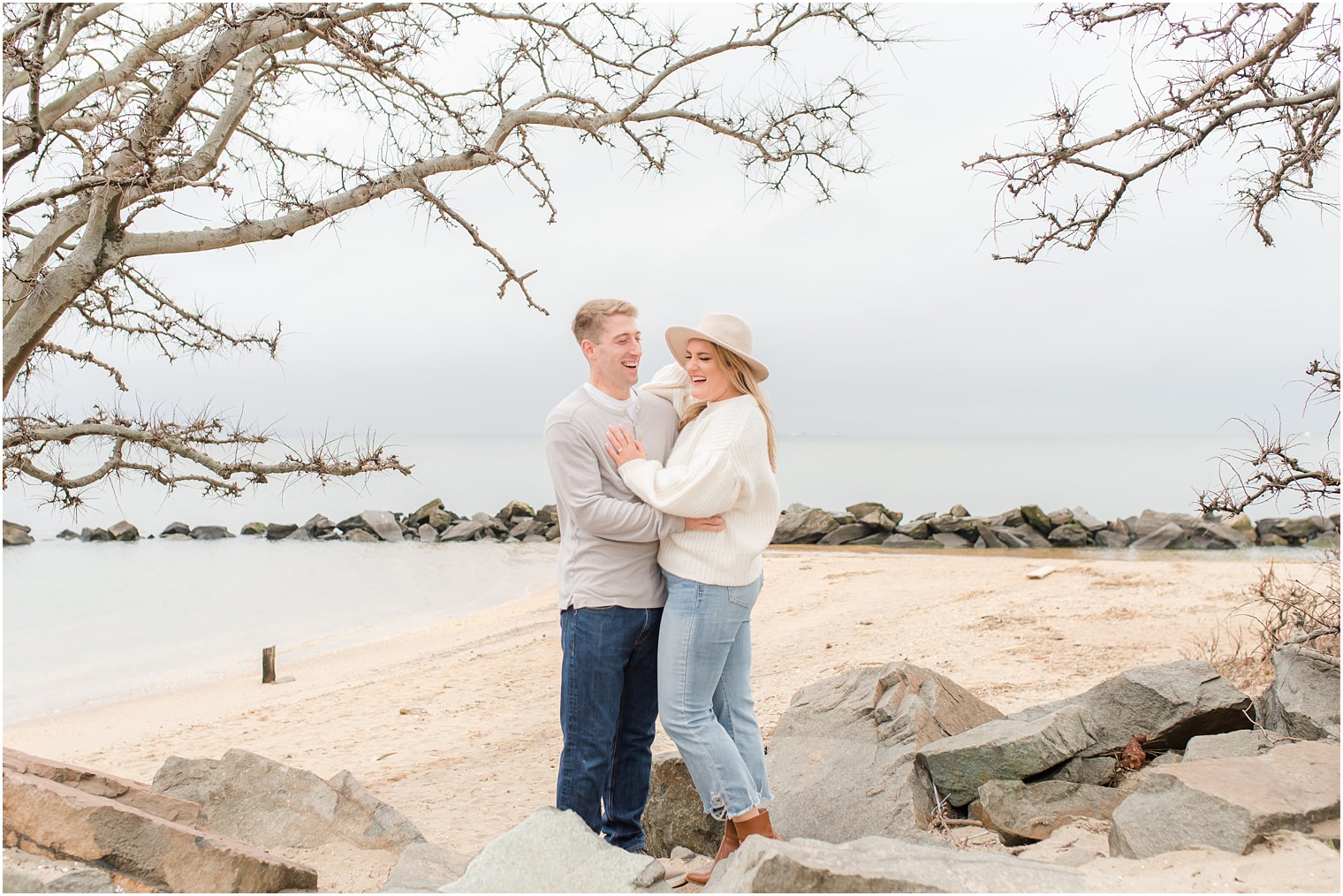 engagement portraits on rocks in Atlantic Highlands NJ