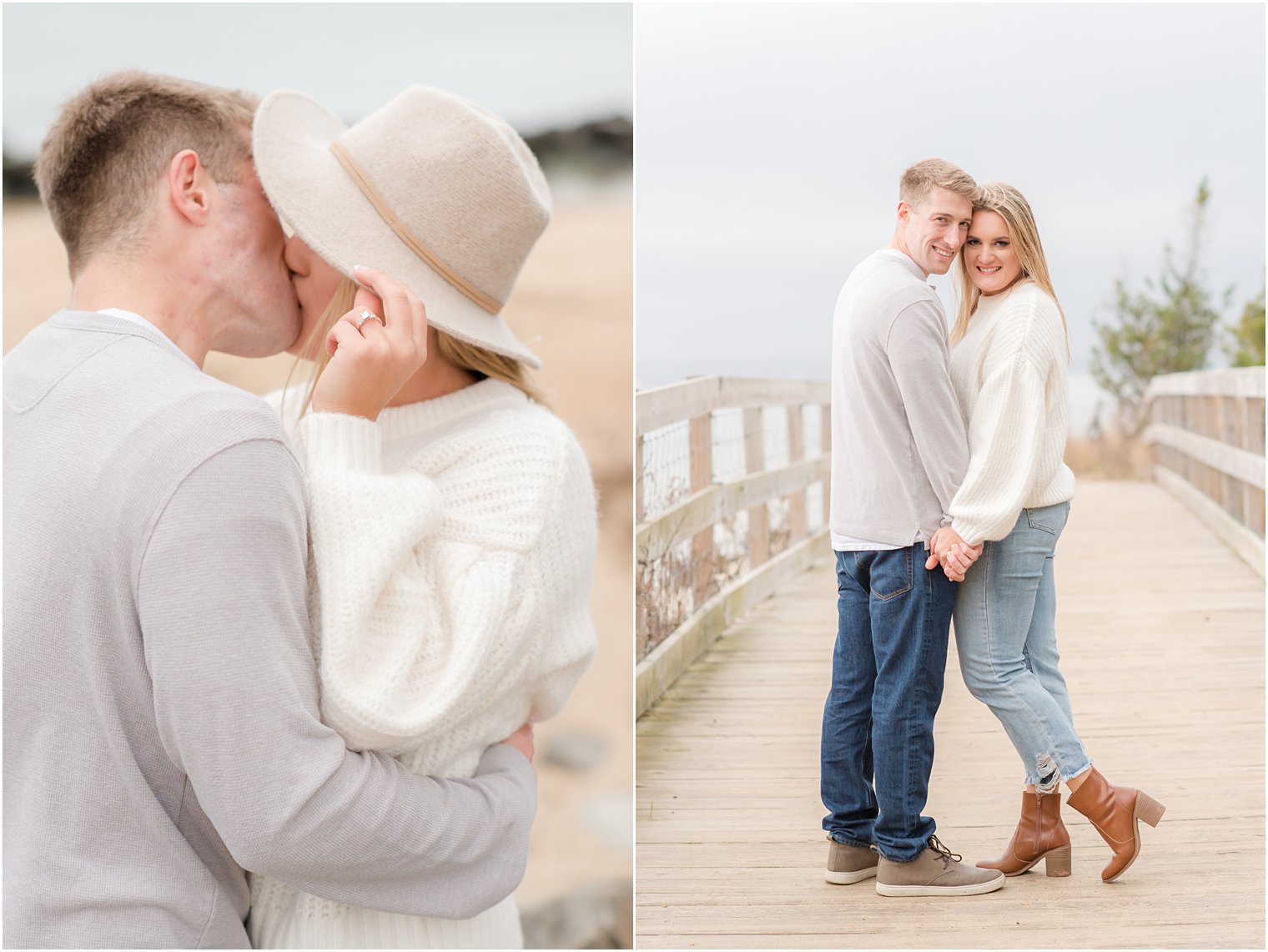 engaged couple poses on wooden walkway at the Jersey Shore during NJ engagement photos