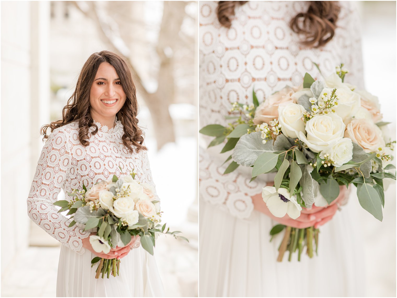 bride holds bouquet of white and pale pink roses by Flower Bar for winter wedding