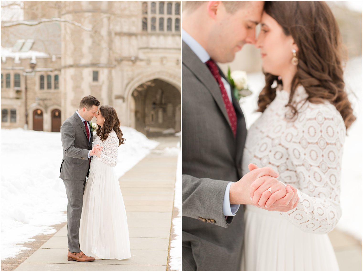 bride and groom dance on sidewalk at Princeton University with snow around them