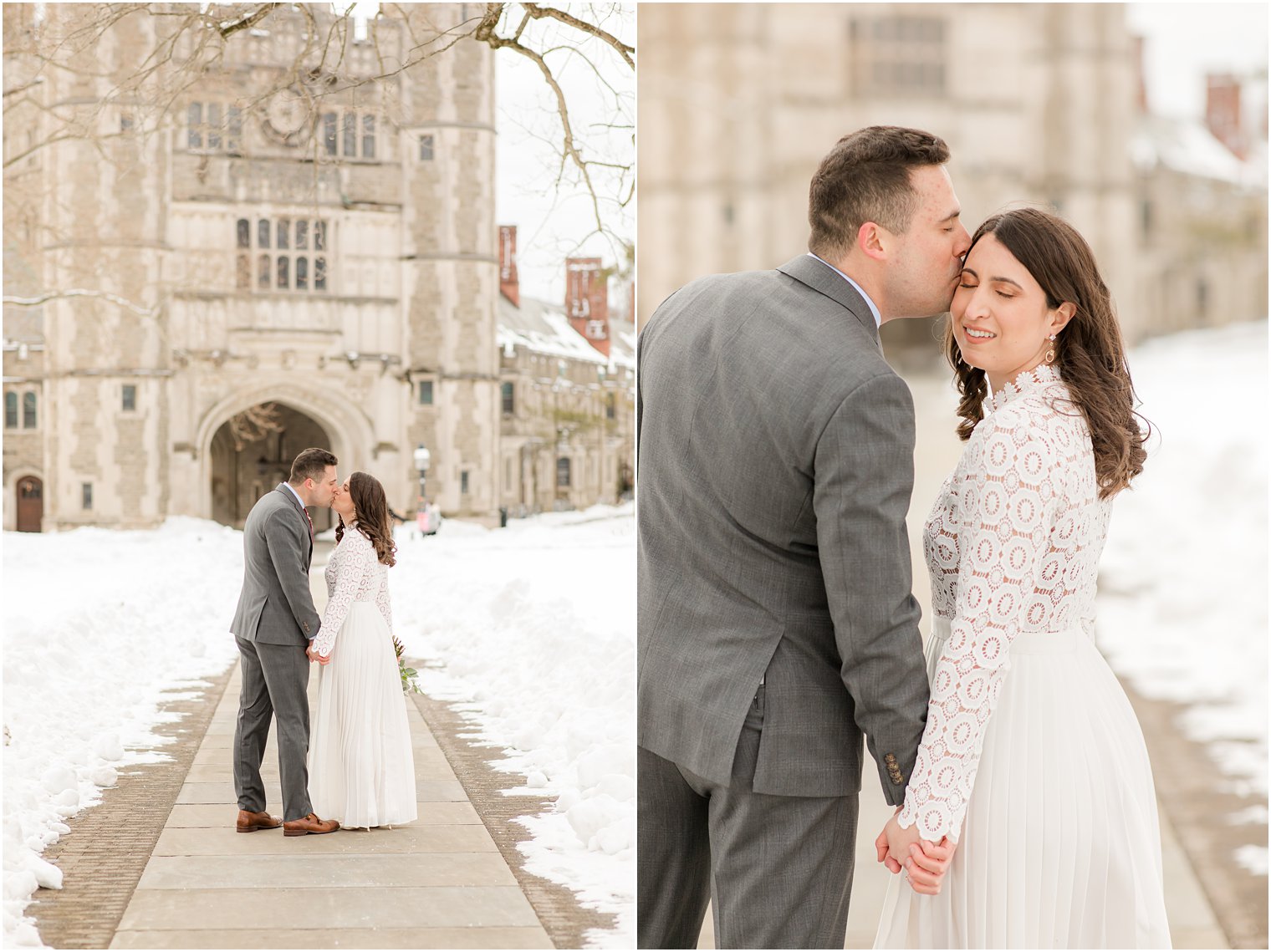 groom gives bride a kiss on New Jersey wedding day in the snow