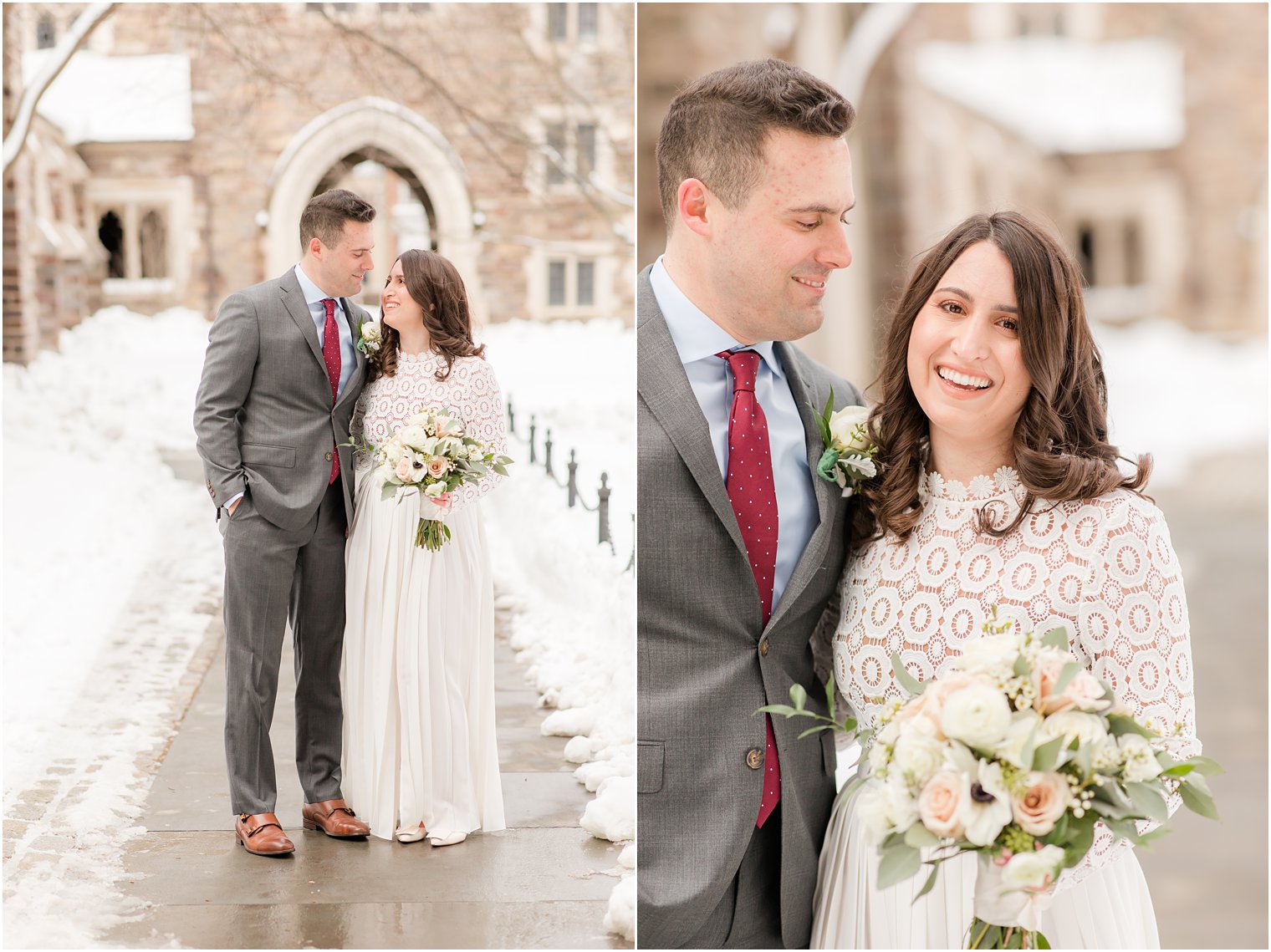 groom looks at bride during New Jersey wedding portraits at Princeton University