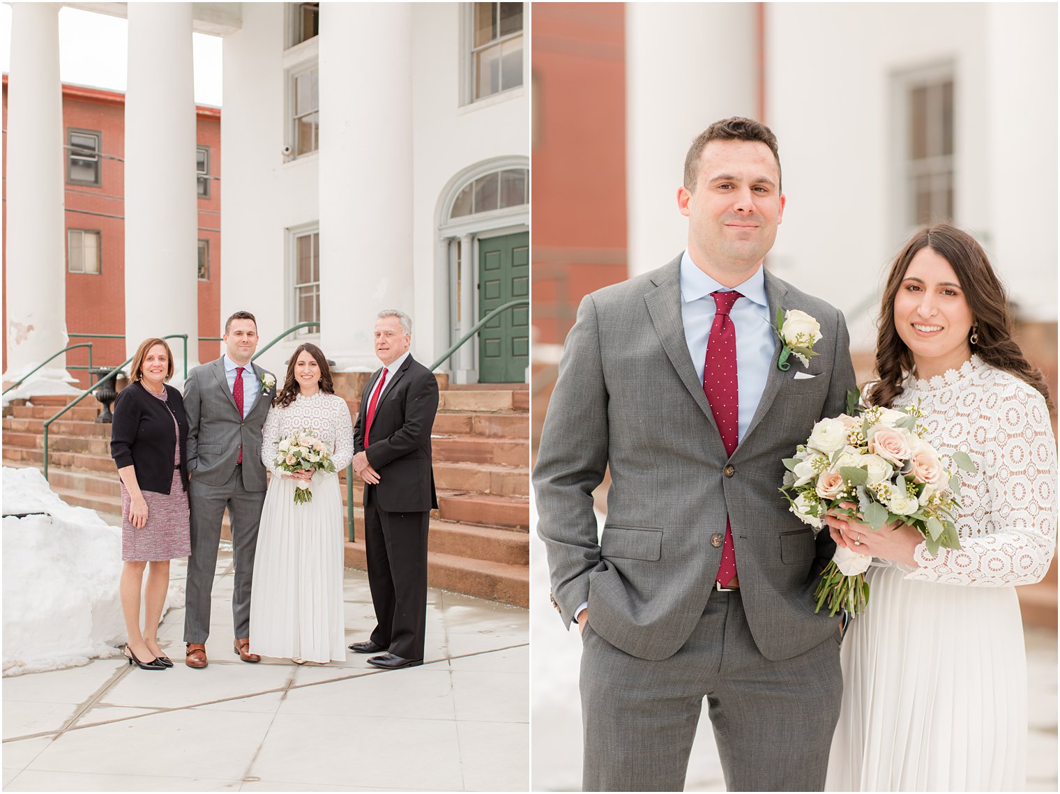 parents pose with bride and groom on NJ Courthouse wedding day