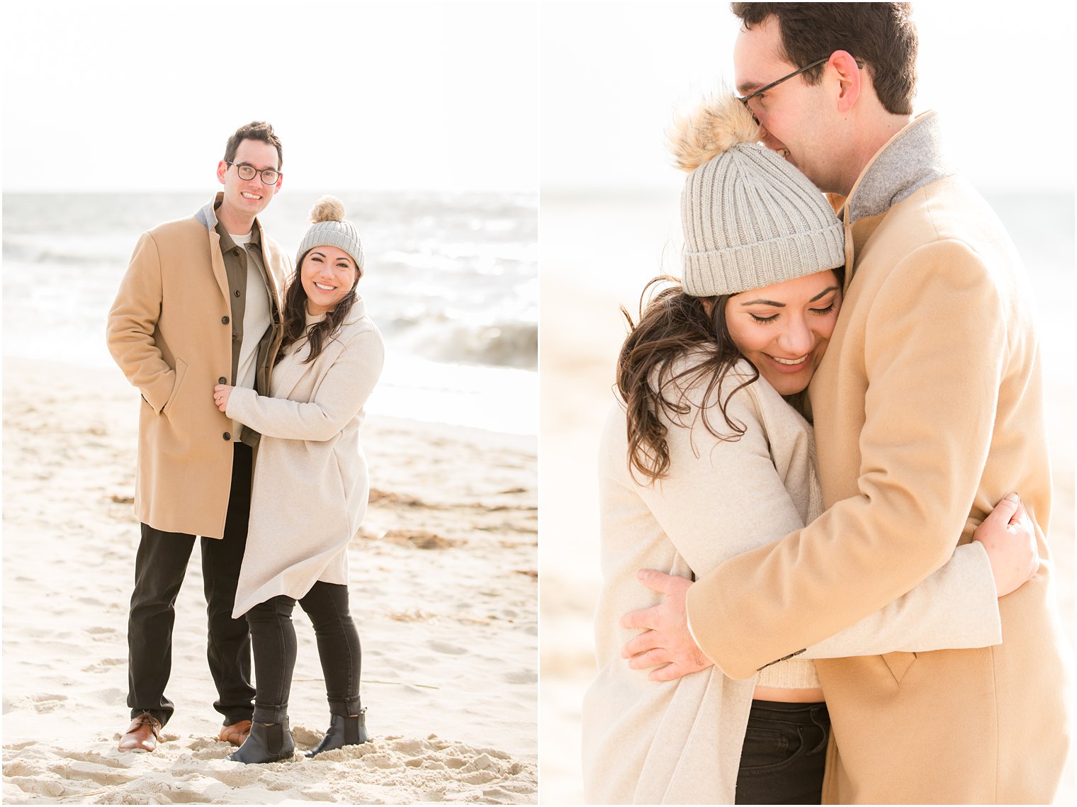 Engaged couple wearing winter coats and hat
