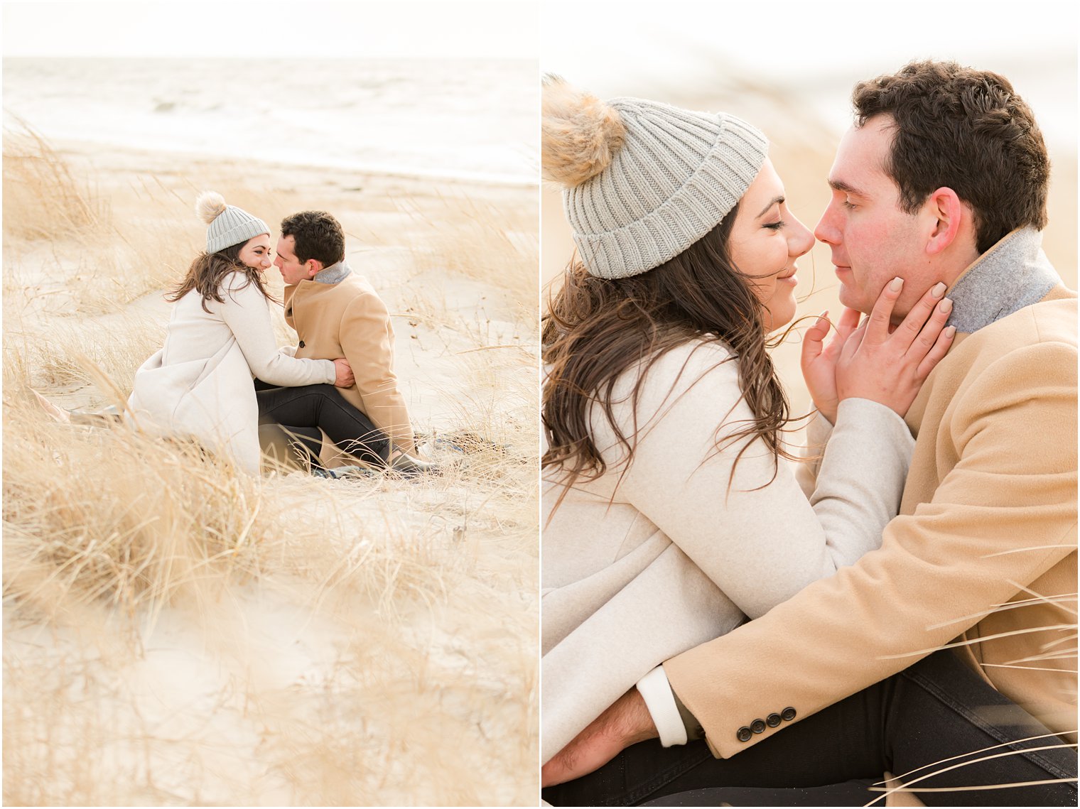 Engaged couple sitting on the beach and cuddling with each other