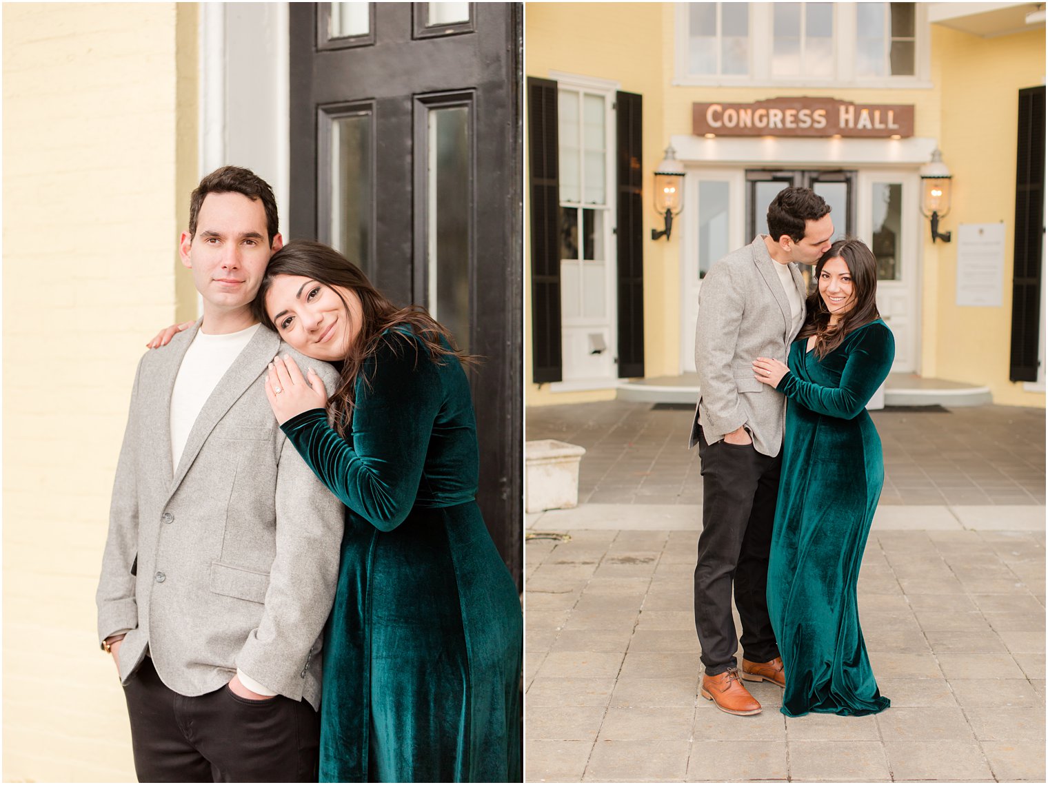 Couple posing in front of Congress Hall in Cape May for their engagement photos