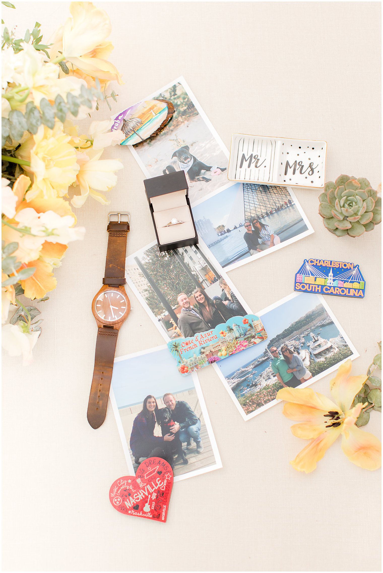 bride and groom's details for engagement session at Herbary at Bear Creek
