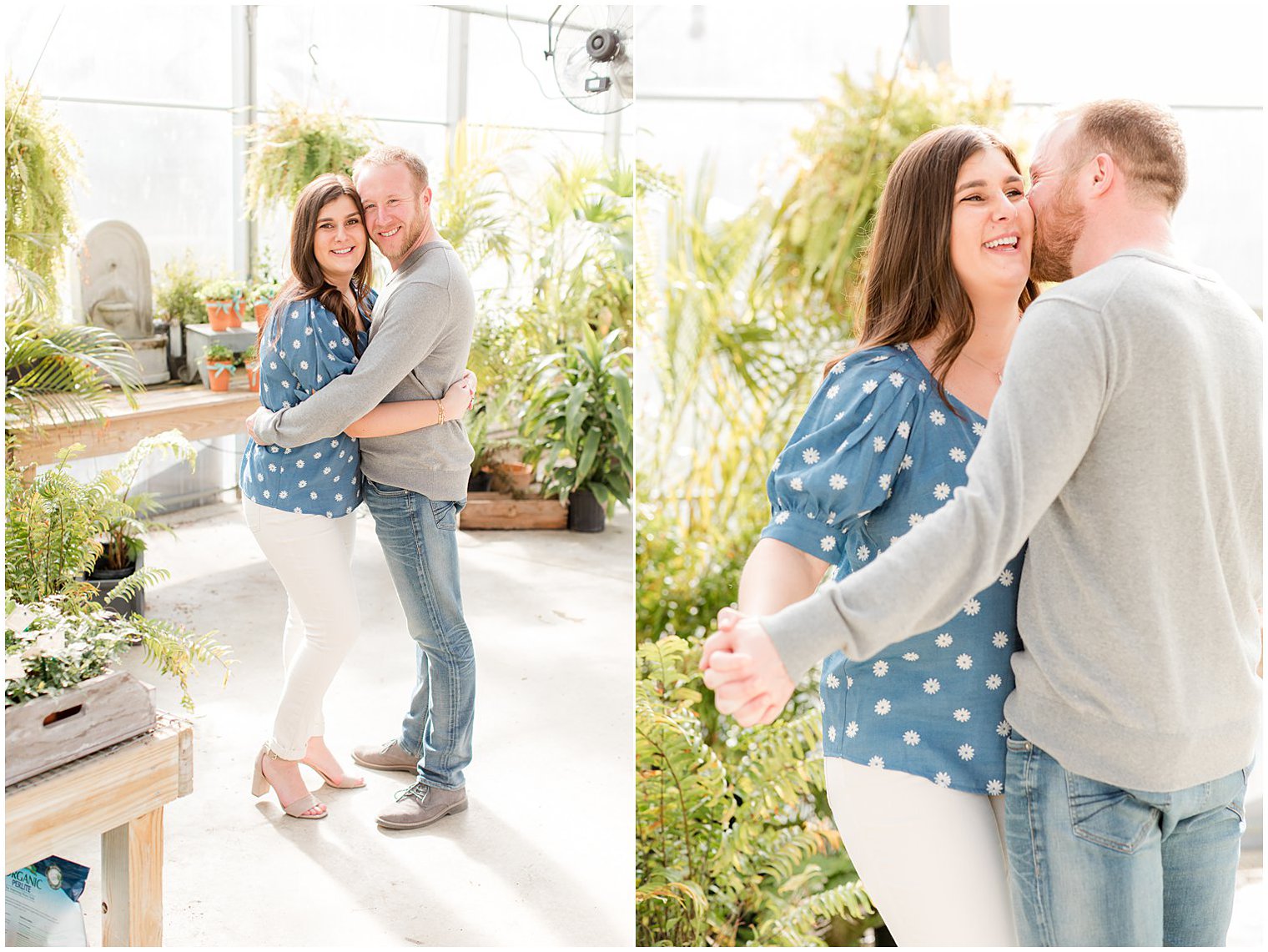 bride and groom hug during engagement photos at Herbary at Bear Creek