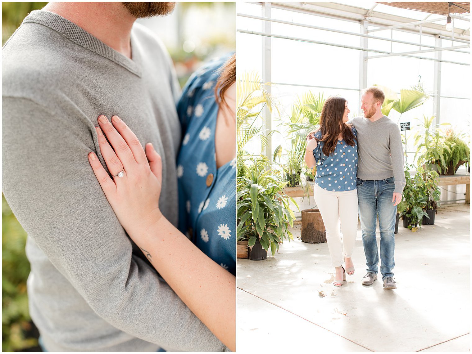 spring Herbary at Bear Creek engagement portraits with bride in blue daisy shirt