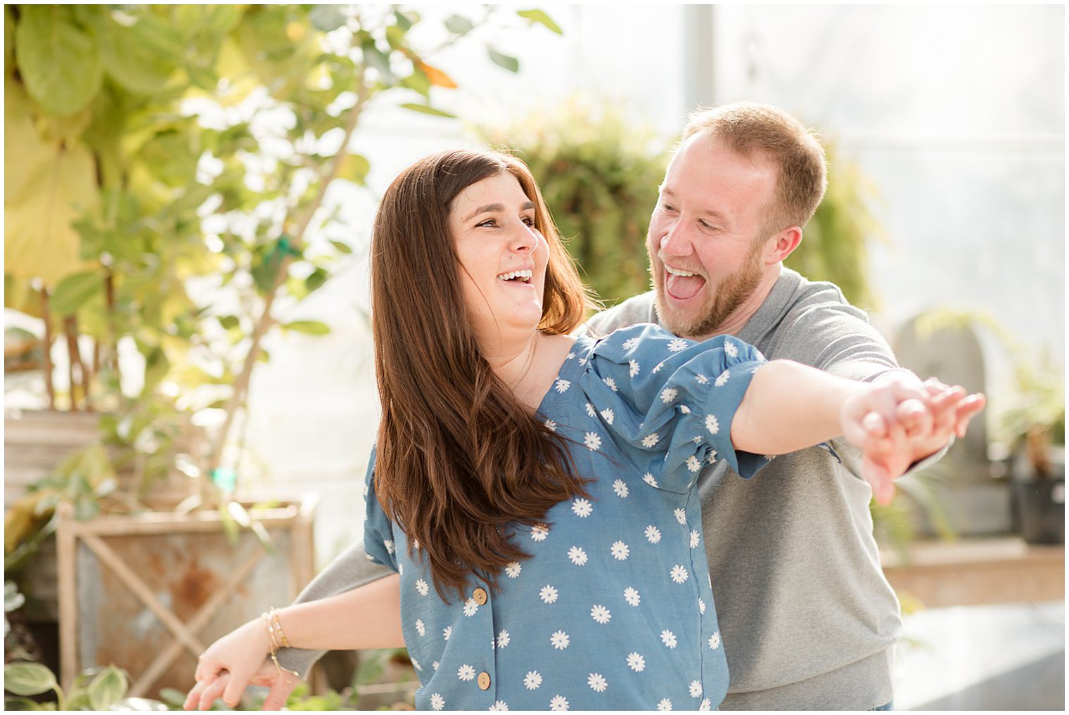 bride and groom laugh during NJ engagement photos