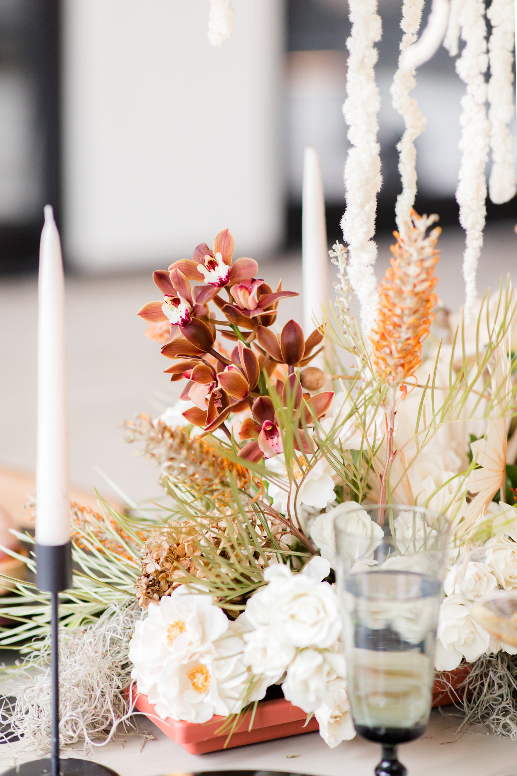 floral centerpieces with green and muted pink florals 