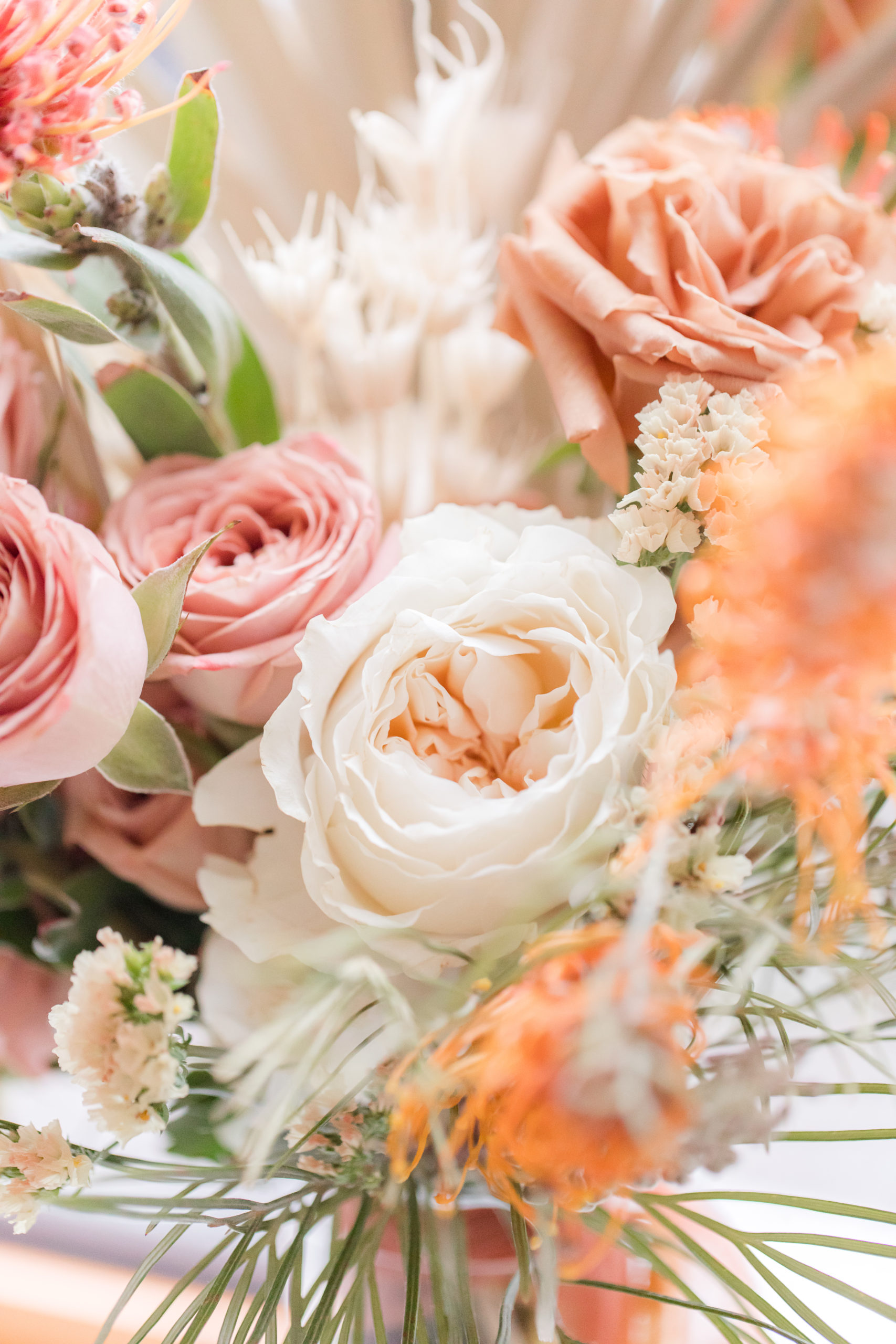 wedding bouquet of pink roses for Ironworks at Pencoyd Landing wedding editorial shoot 