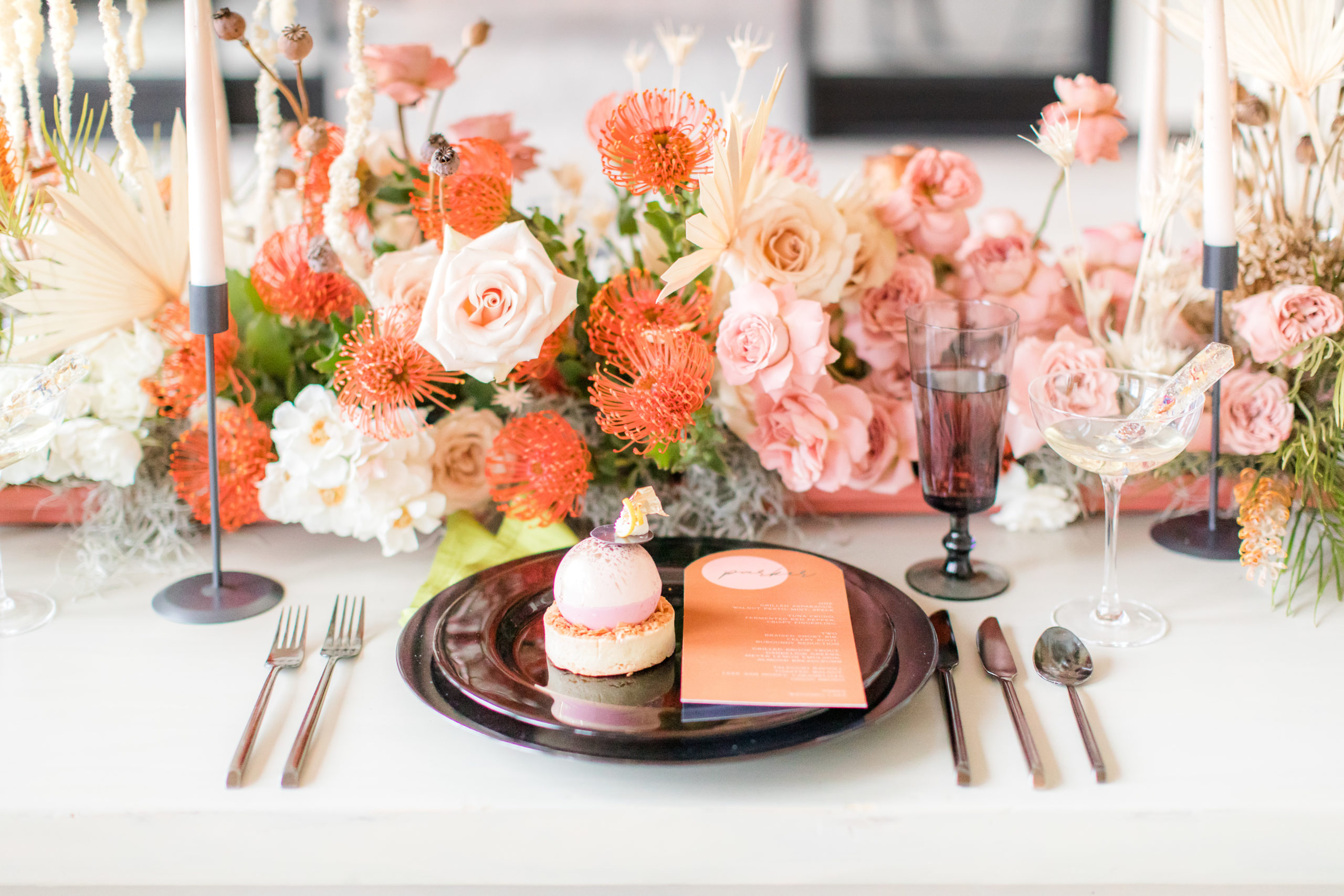 place setting with modern wedding dessert at Ironworks at Pencoyd Landing