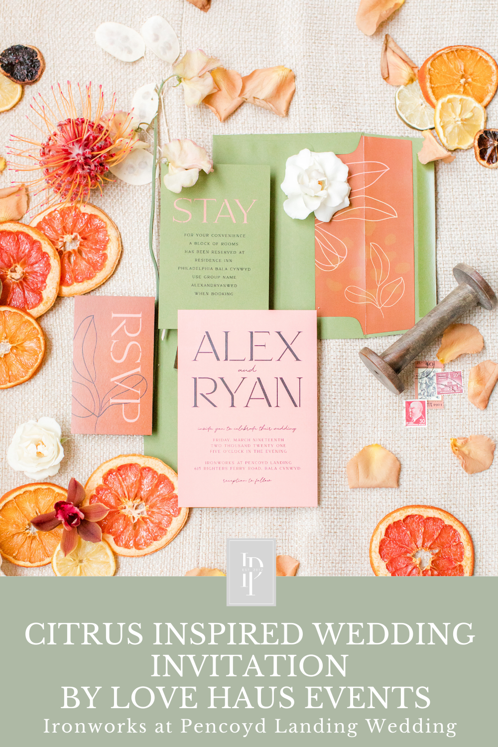 stationery for citrus inspired microwedding styled shoot at Ironworks at Pencoyd Landing