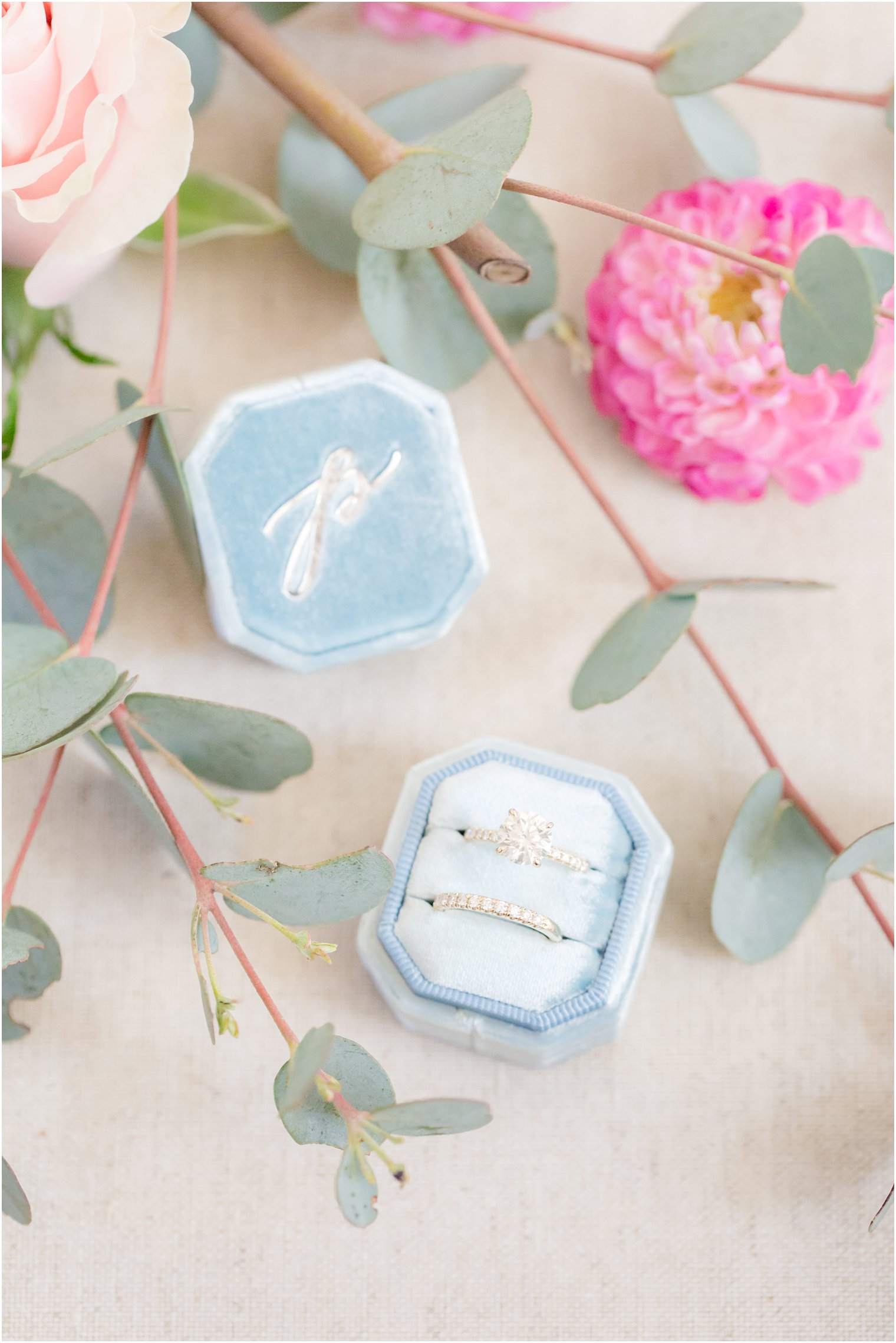 wedding rings in blue box with green demonstrating trendy wedding color combination