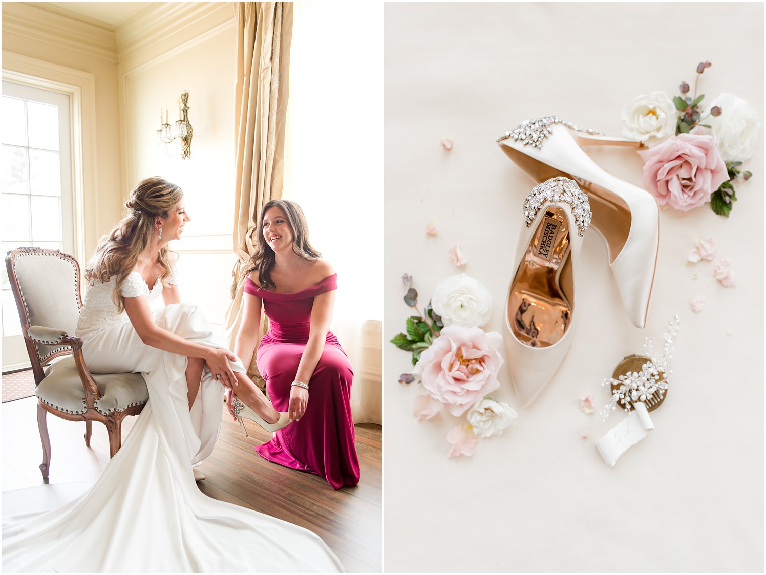 maid of honor helps bride with shoes on NJ wedding morning 