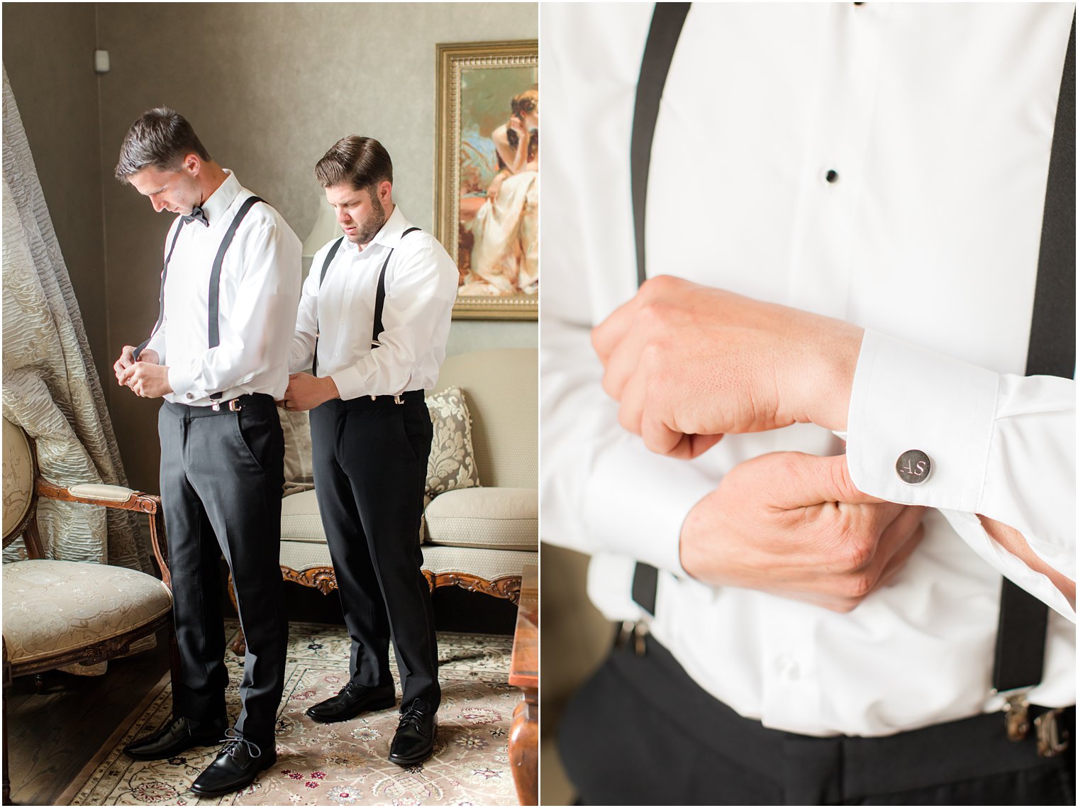 groomsman helps groom with suspenders and custom cufflinks before Park Savoy Estate