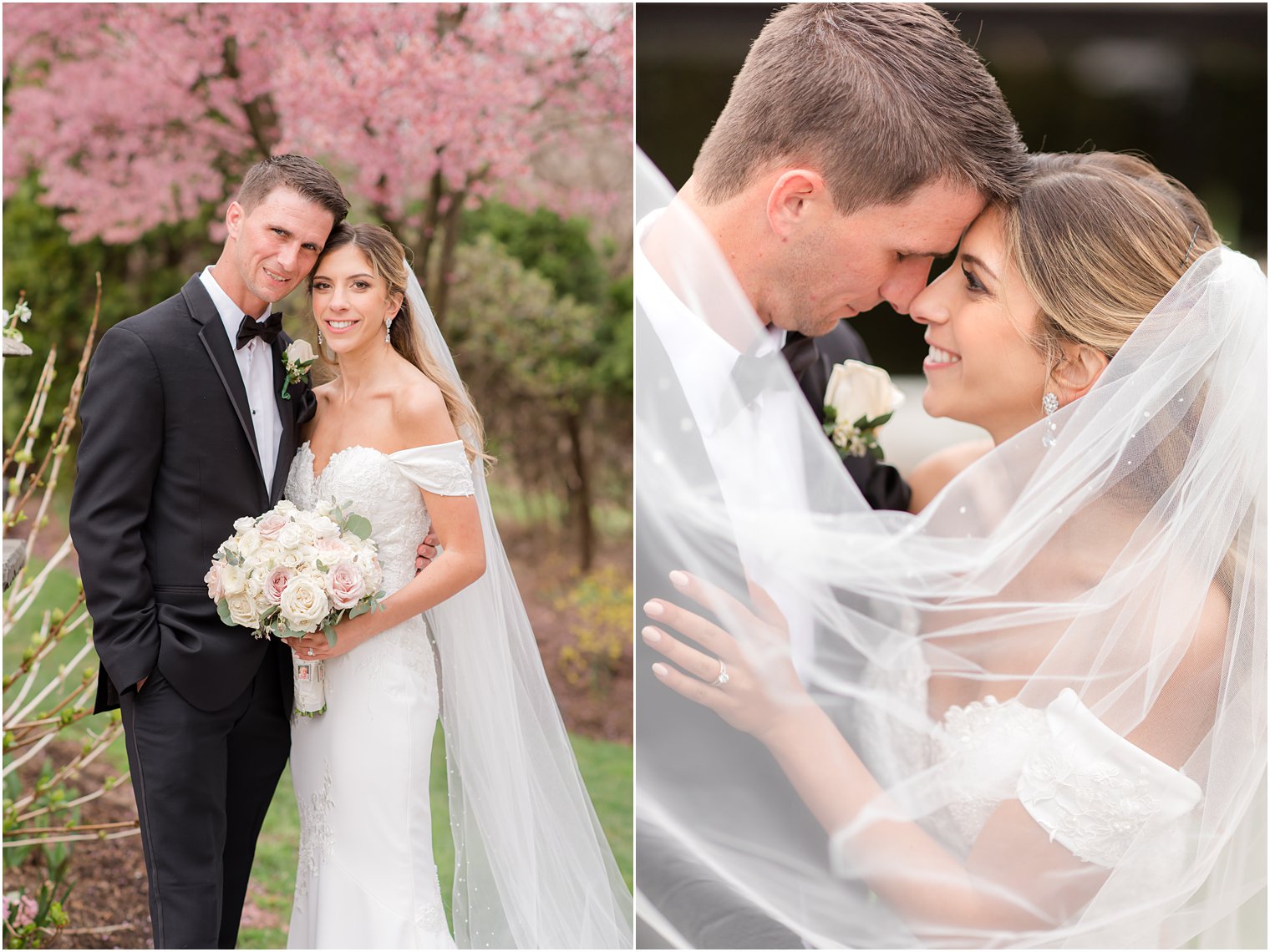 bride and groom pose with bride's veil draped around their shoulders during spring Park Savoy Estate wedding