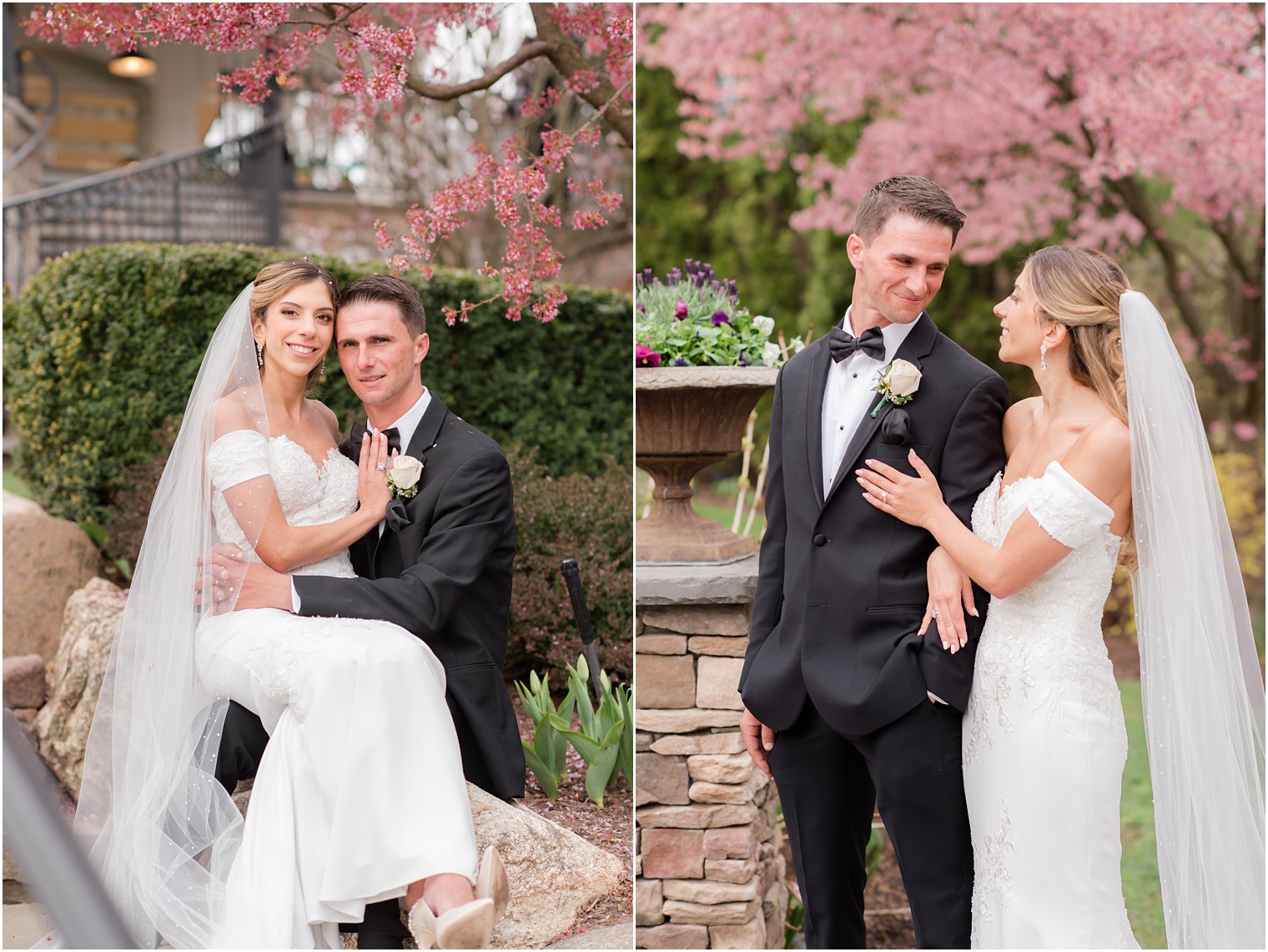 bride and groom pose in gardens of New Jersey wedding venue 